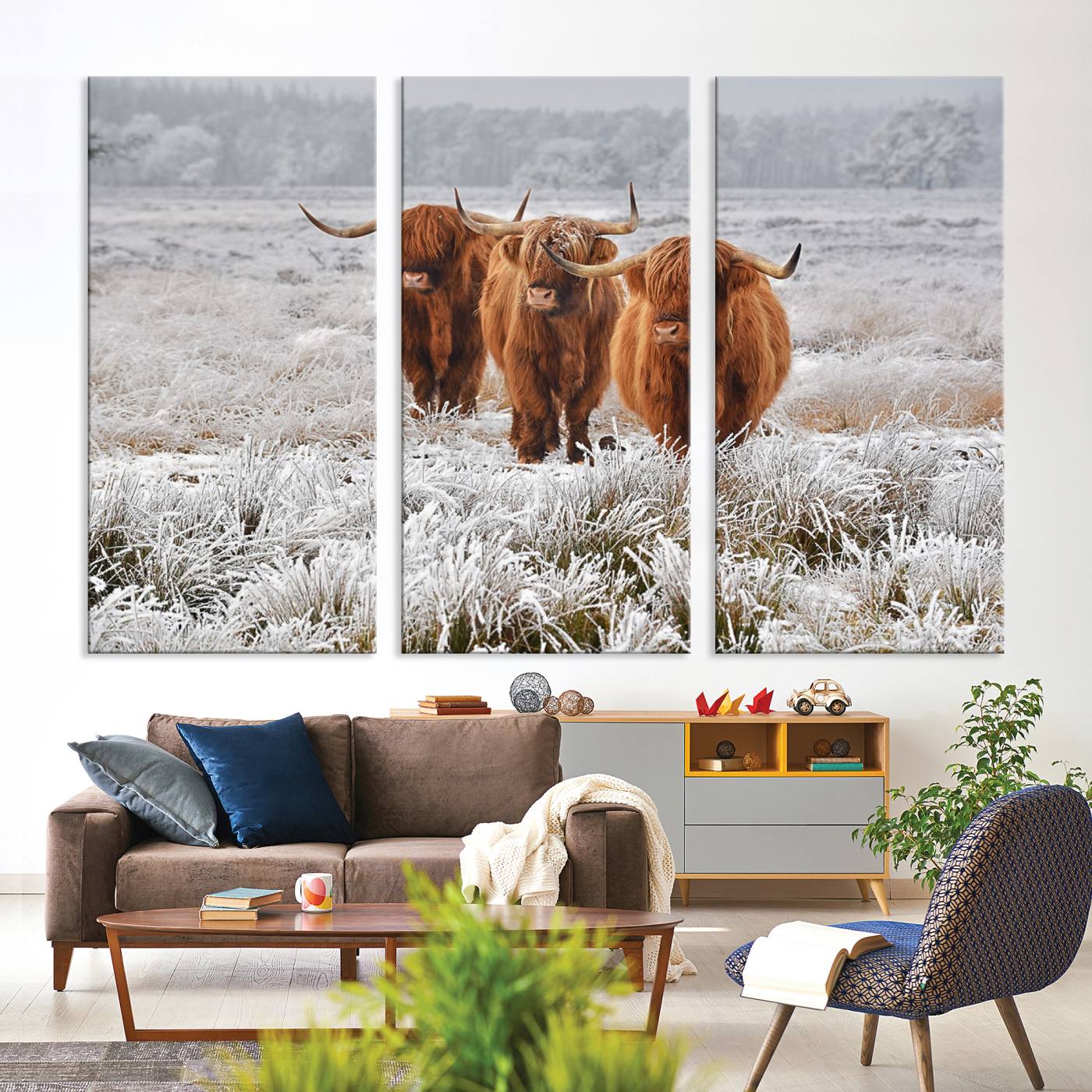 -Highland Cows in Snow Canvas Art Print, Highland Cattle Picture Art Farmhouse Art