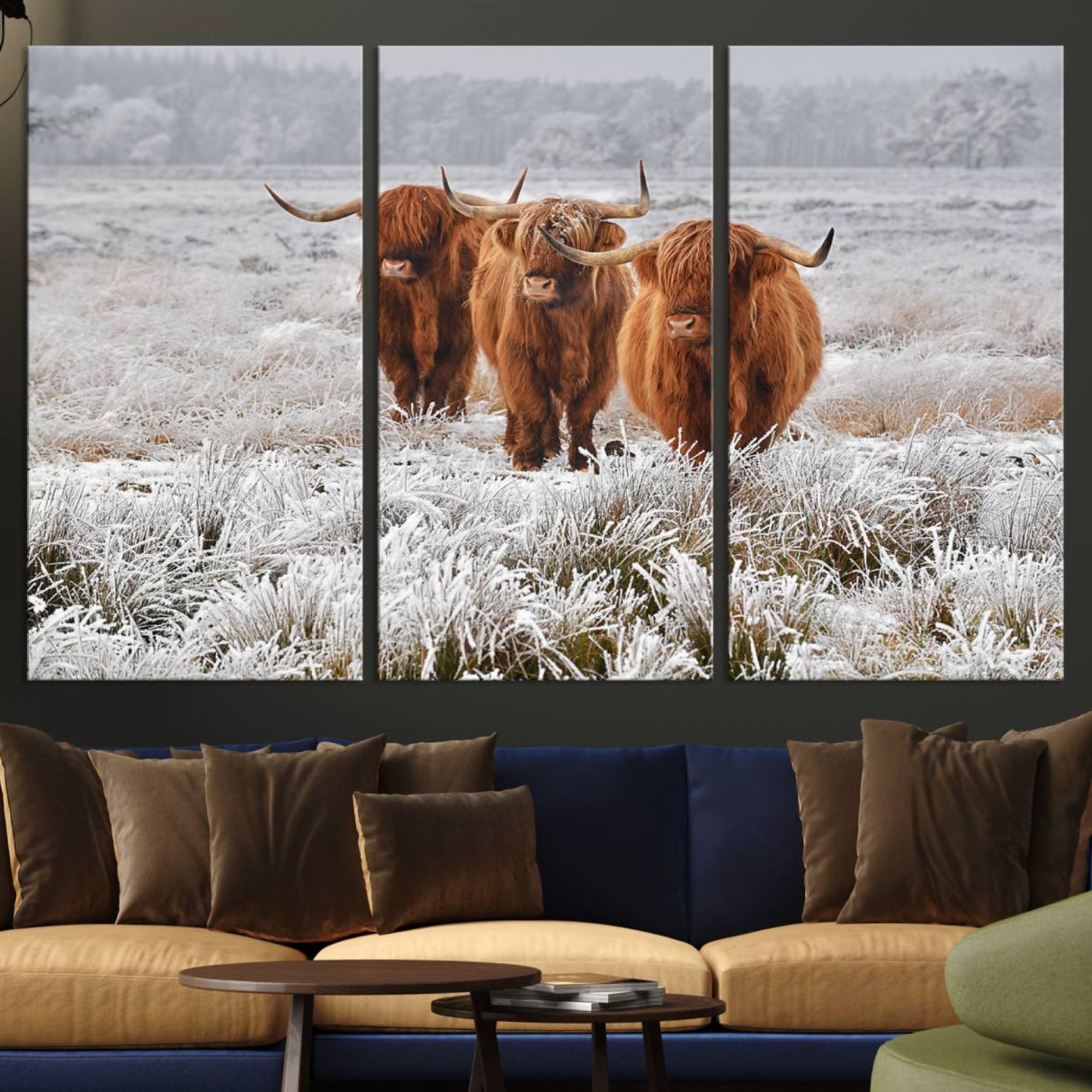 10396-MGV-CV-36X24-Highland Cows in Snow Canvas Art Print, Highland Cattle Picture Art Farmhouse Art