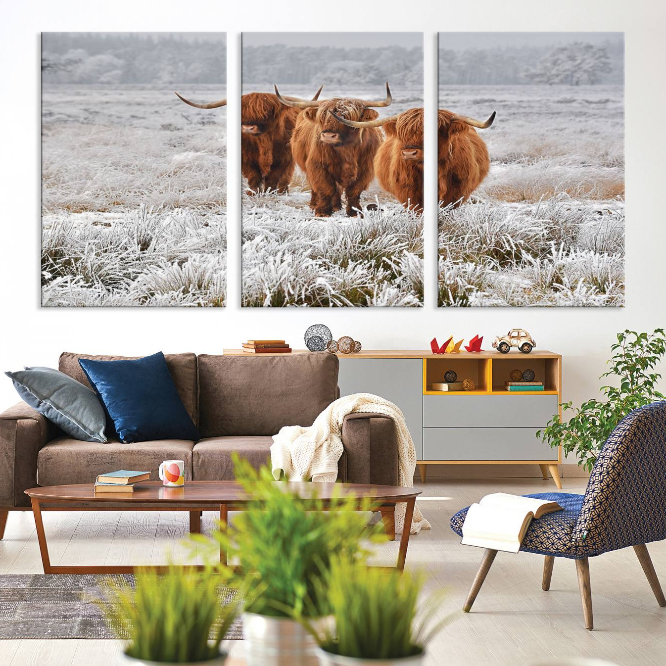 -Highland Cows in Snow Canvas Art Print, Highland Cattle Picture Art Farmhouse Art