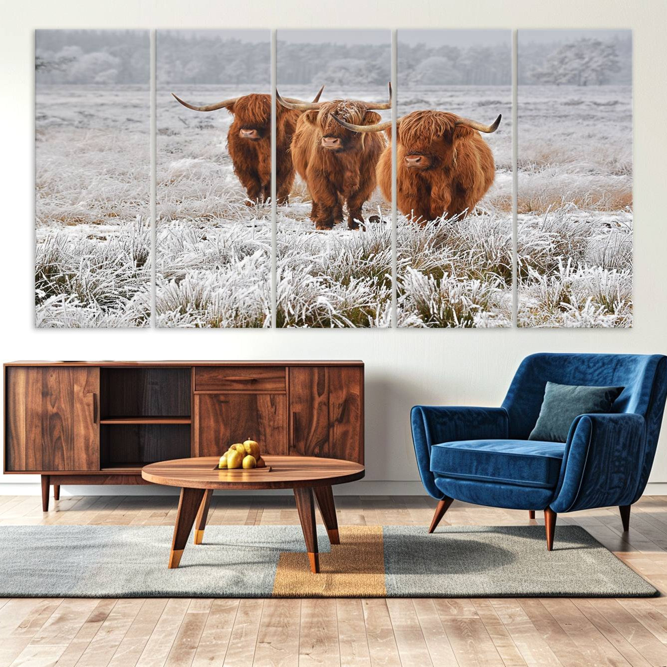 -Highland Cows in Snow Canvas Art Print, Highland Cattle Picture Art Farmhouse Art