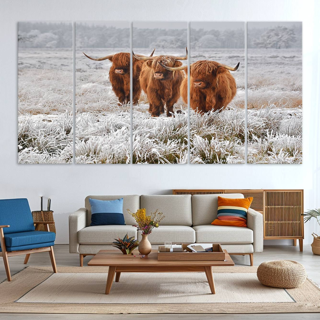 -Highland Cows in Snow Canvas Art Print, Highland Cattle Picture Art Farmhouse Art