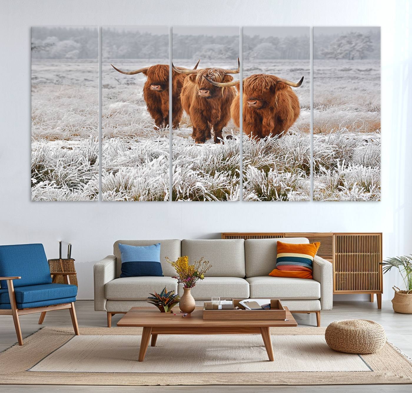 10396-MGV-CV-36X24-Highland Cows in Snow Canvas Art Print, Highland Cattle Picture Art Farmhouse Art