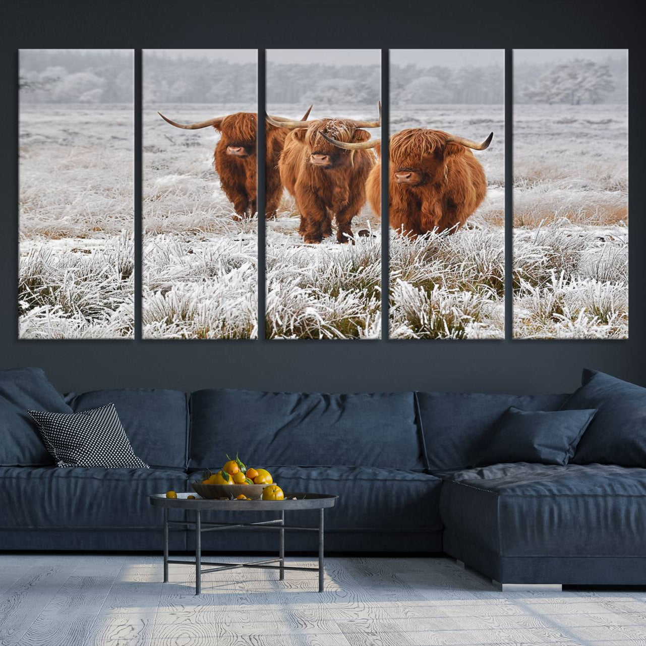 -Highland Cows in Snow Canvas Art Print, Highland Cattle Picture Art Farmhouse Art