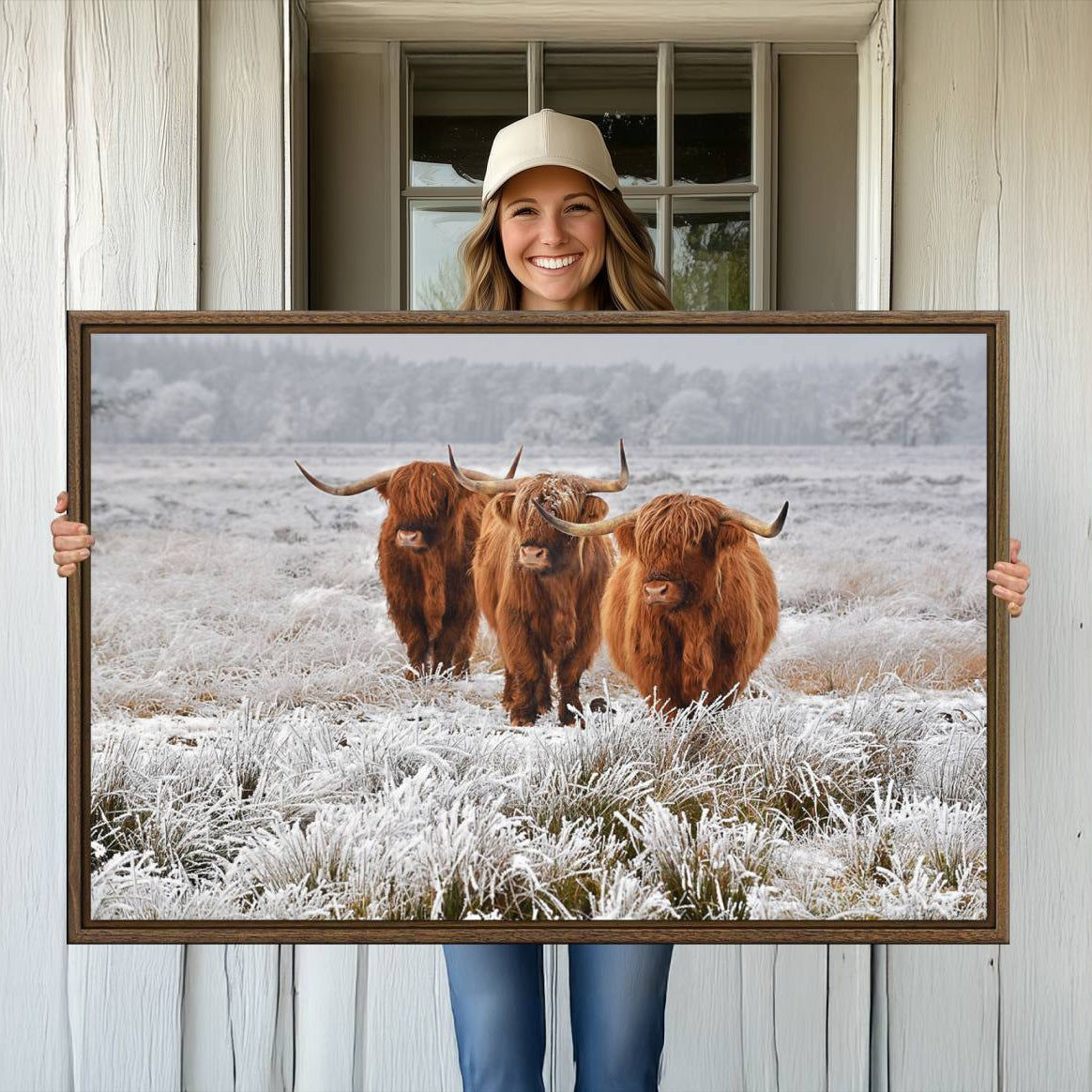 -Highland Cows in Snow Canvas Art Print, Highland Cattle Picture Art Farmhouse Art