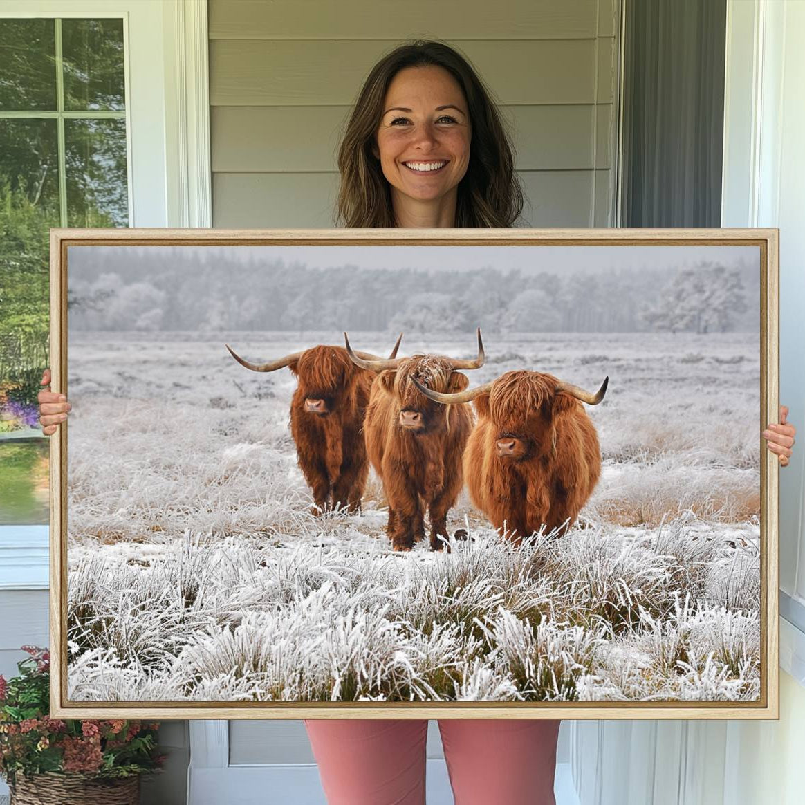 -Highland Cows in Snow Canvas Art Print, Highland Cattle Picture Art Farmhouse Art