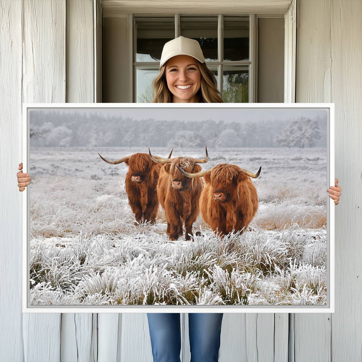 -Highland Cows in Snow Canvas Art Print, Highland Cattle Picture Art Farmhouse Art