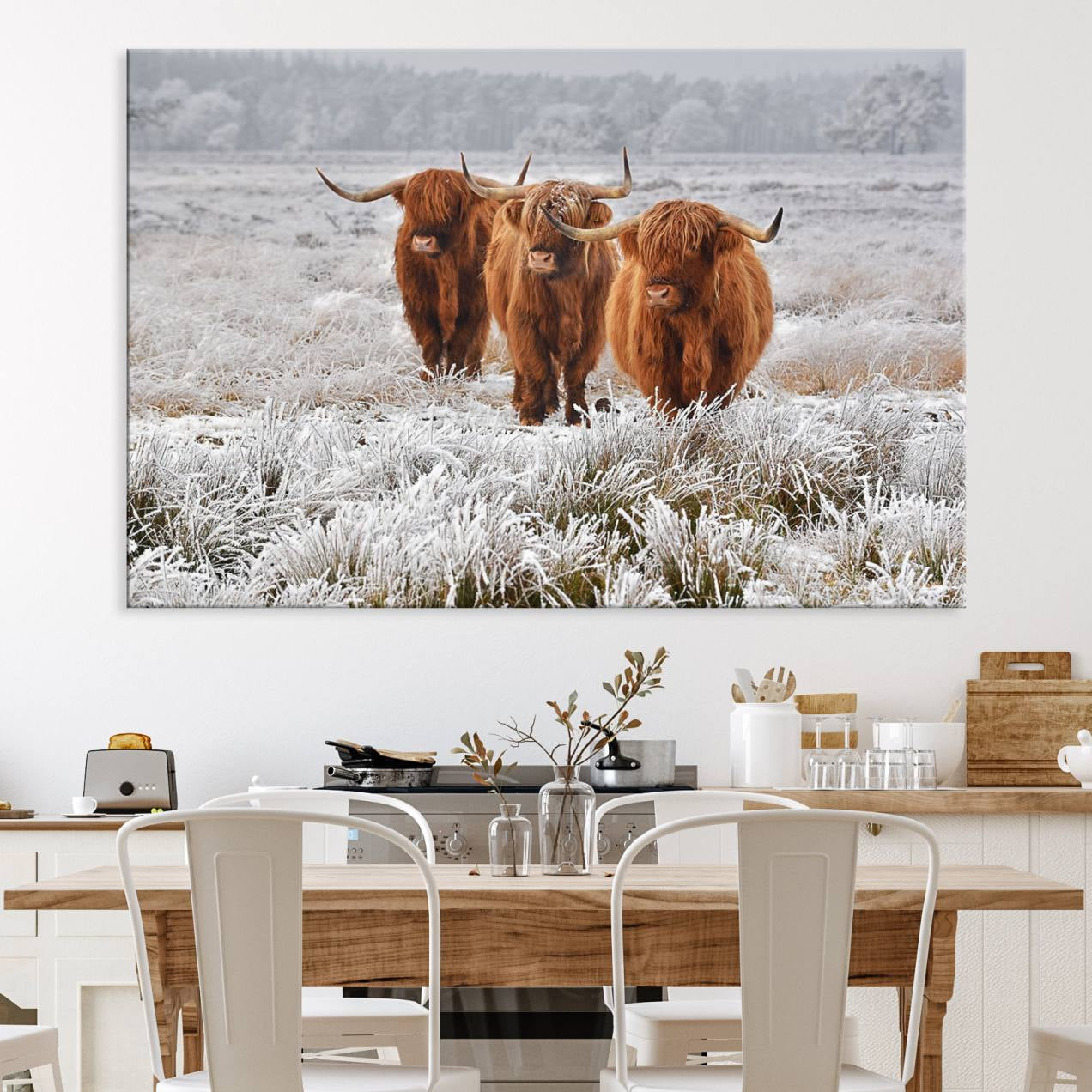 10396-MGV-CV-36X24-Highland Cows in Snow Canvas Art Print, Highland Cattle Picture Art Farmhouse Art