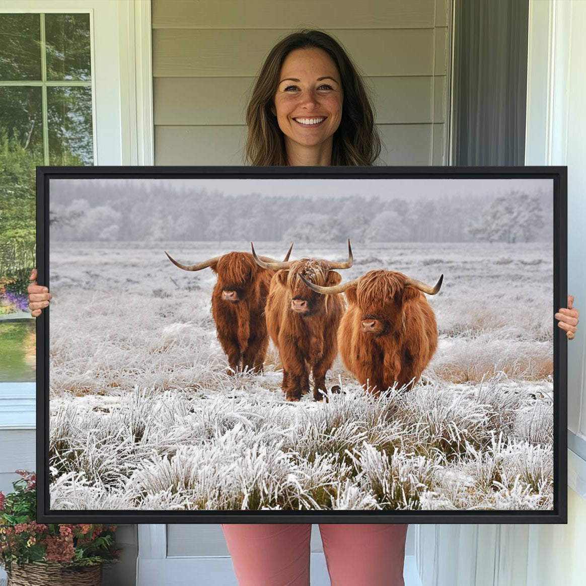 -Highland Cows in Snow Canvas Art Print, Highland Cattle Picture Art Farmhouse Art