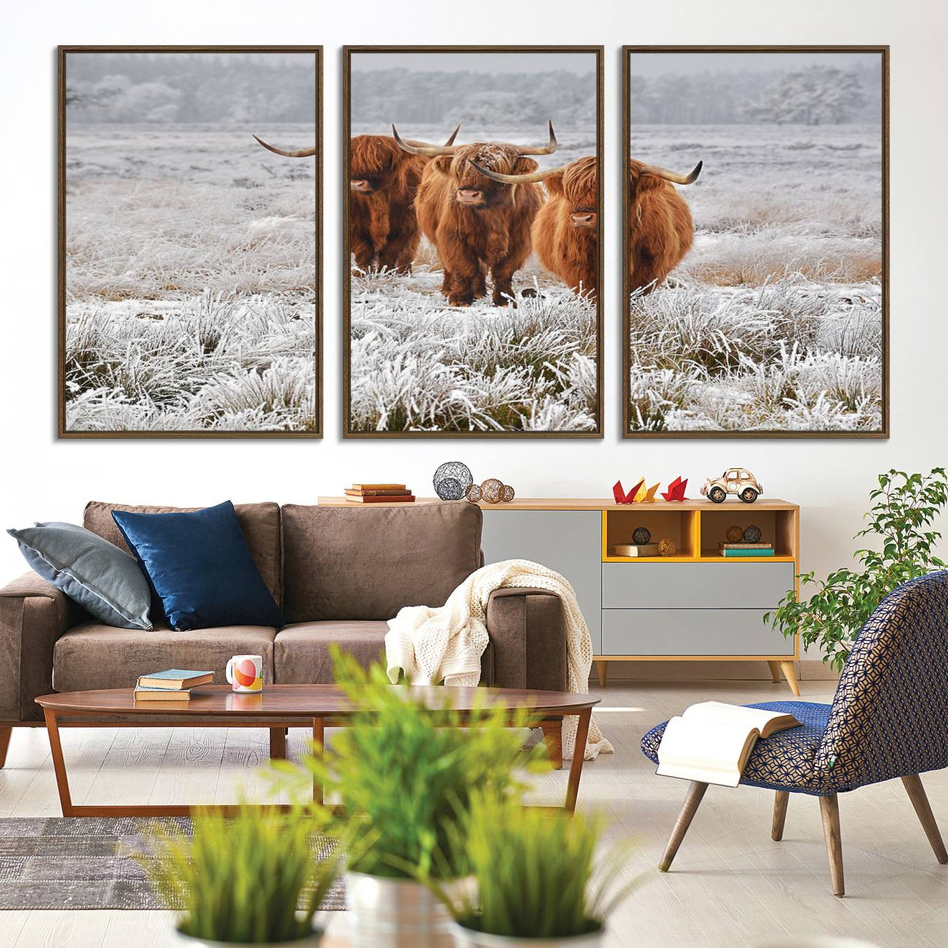 -Highland Cows in Snow Canvas Art Print, Highland Cattle Picture Art Farmhouse Art
