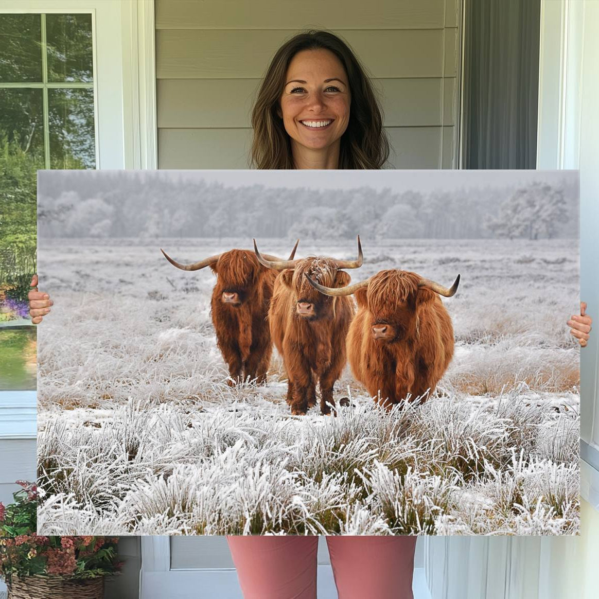 10396-MGV-CV-36X24-Highland Cows in Snow Canvas Art Print, Highland Cattle Picture Art Farmhouse Art