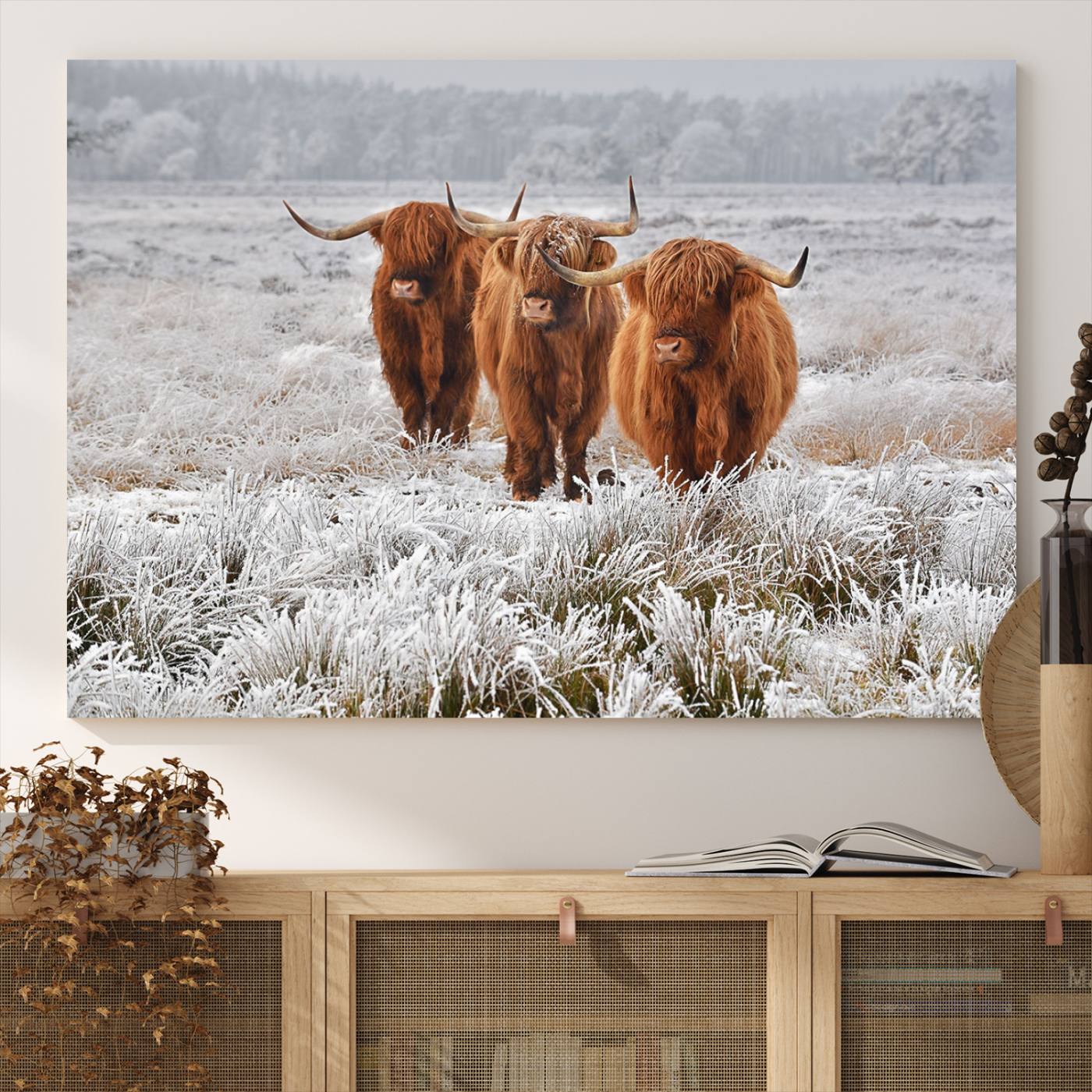 10396-MGV-CV-36X24-Highland Cows in Snow Canvas Art Print, Highland Cattle Picture Art Farmhouse Art