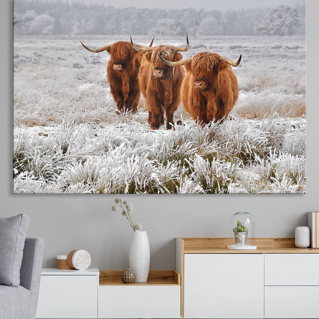 -Highland Cows in Snow Canvas Art Print, Highland Cattle Picture Art Farmhouse Art