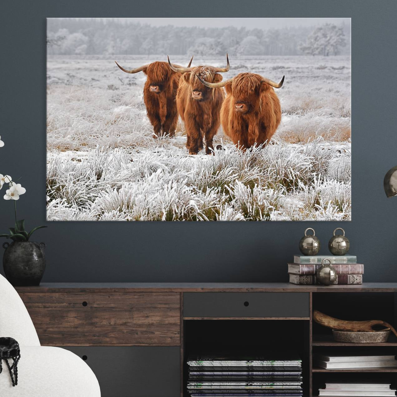10396-MGV-CV-36X24-Highland Cows in Snow Canvas Art Print, Highland Cattle Picture Art Farmhouse Art