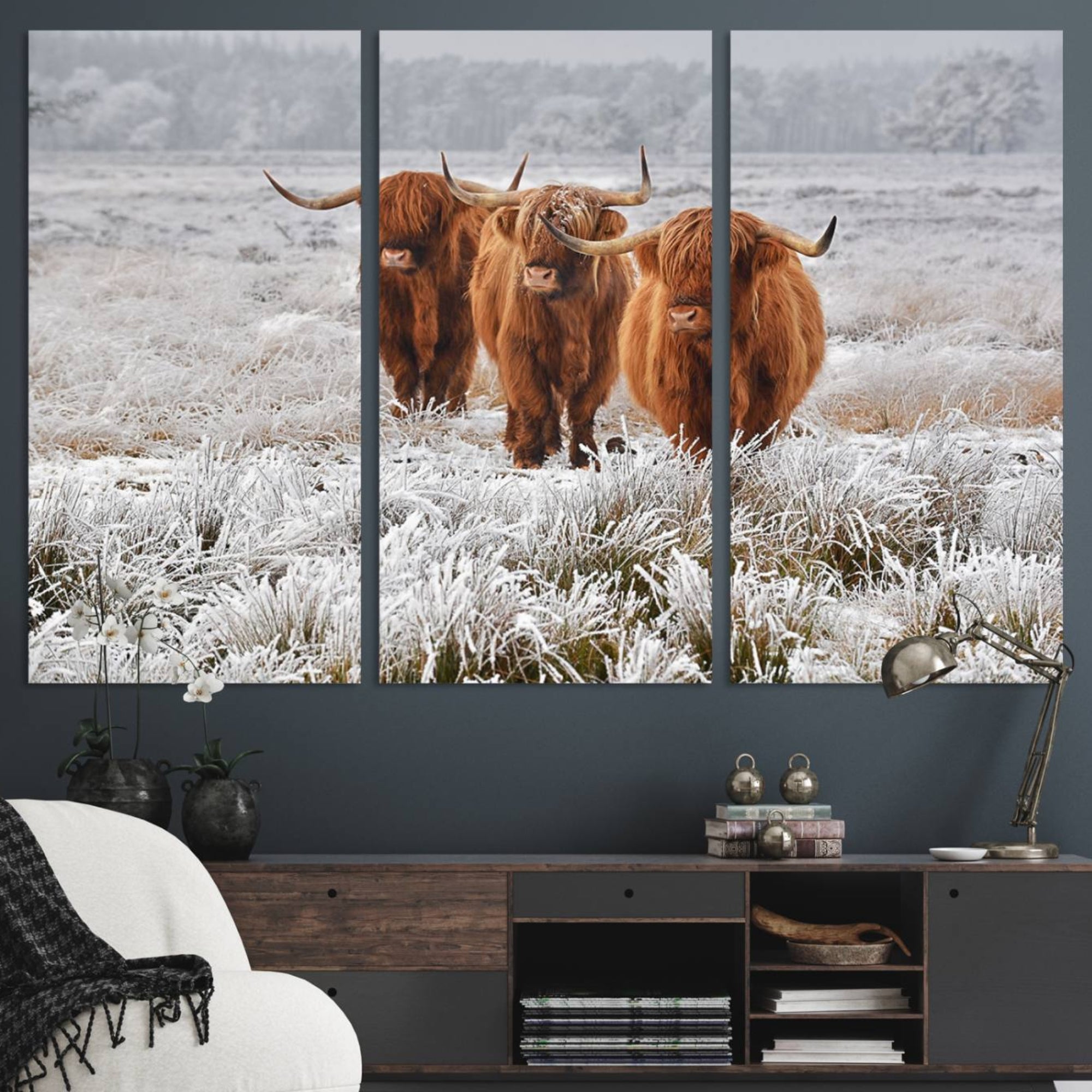 10396-MGV-CV-48X32-3P-Highland Cows in Snow Canvas Art Print, Highland Cattle Picture Art Farmhouse Art