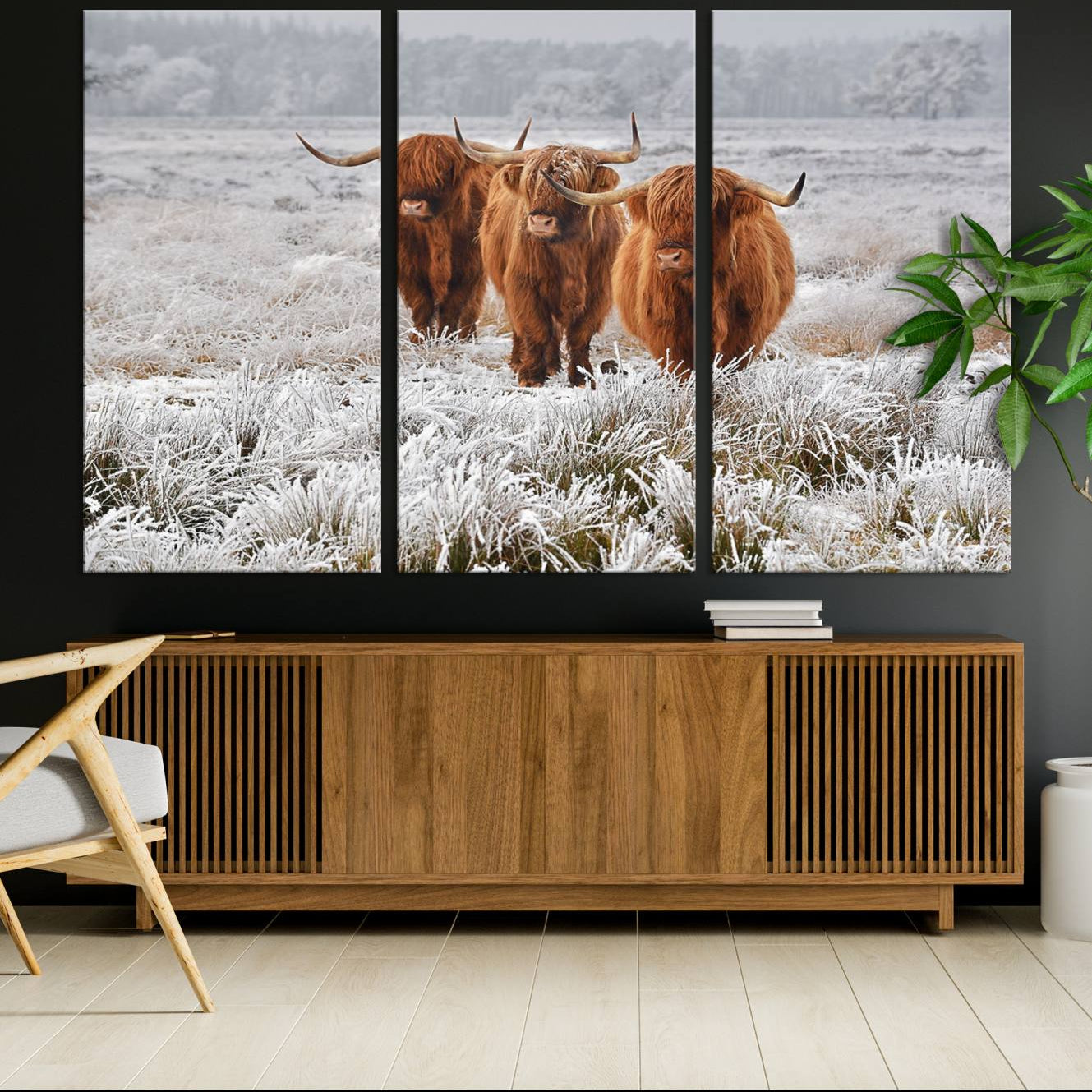 10396-MGV-CV-36X24-Highland Cows in Snow Canvas Art Print, Highland Cattle Picture Art Farmhouse Art