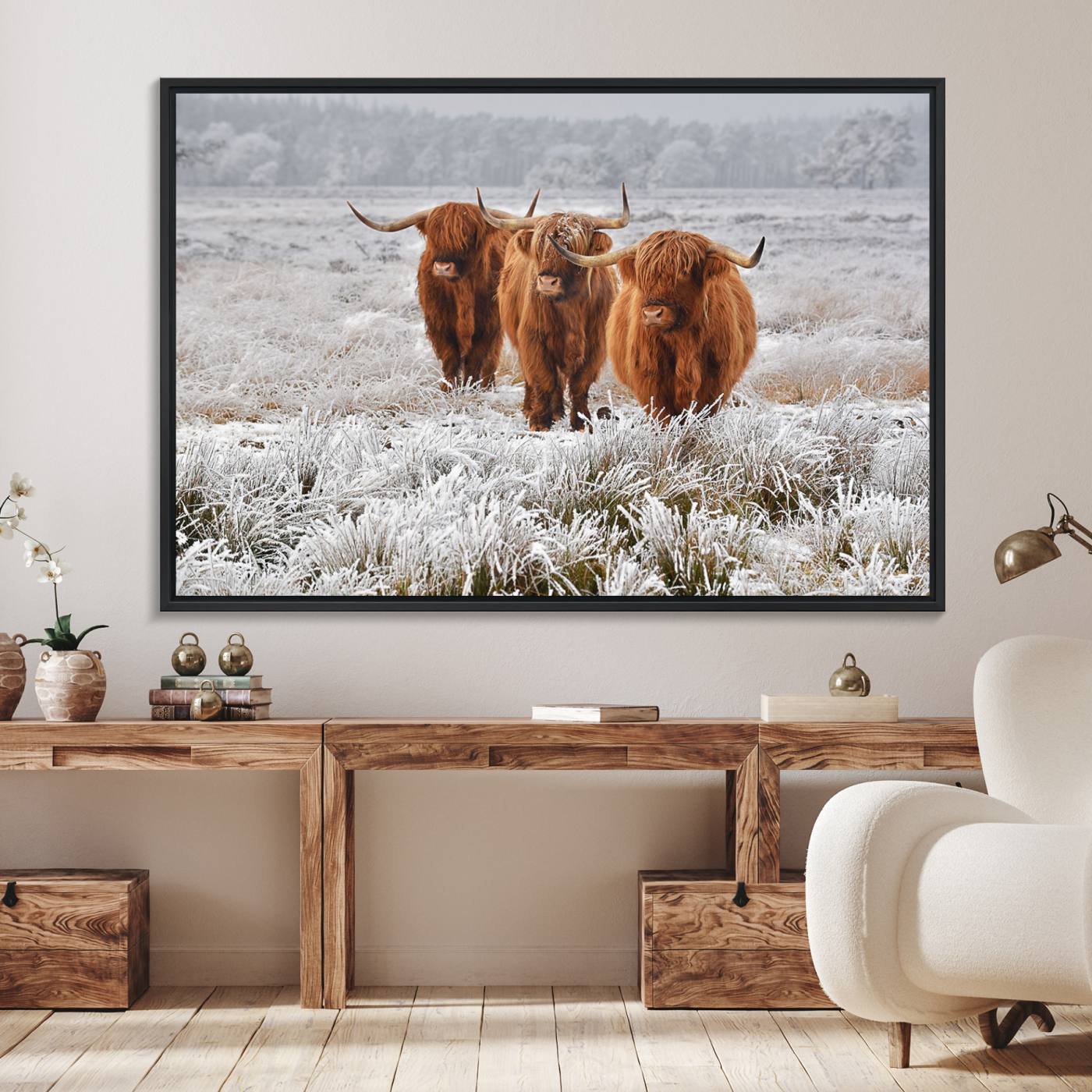 10396-MGV-FC-36X24_Black-Highland Cows in Snow Canvas Art Print, Highland Cattle Picture Art Farmhouse Art