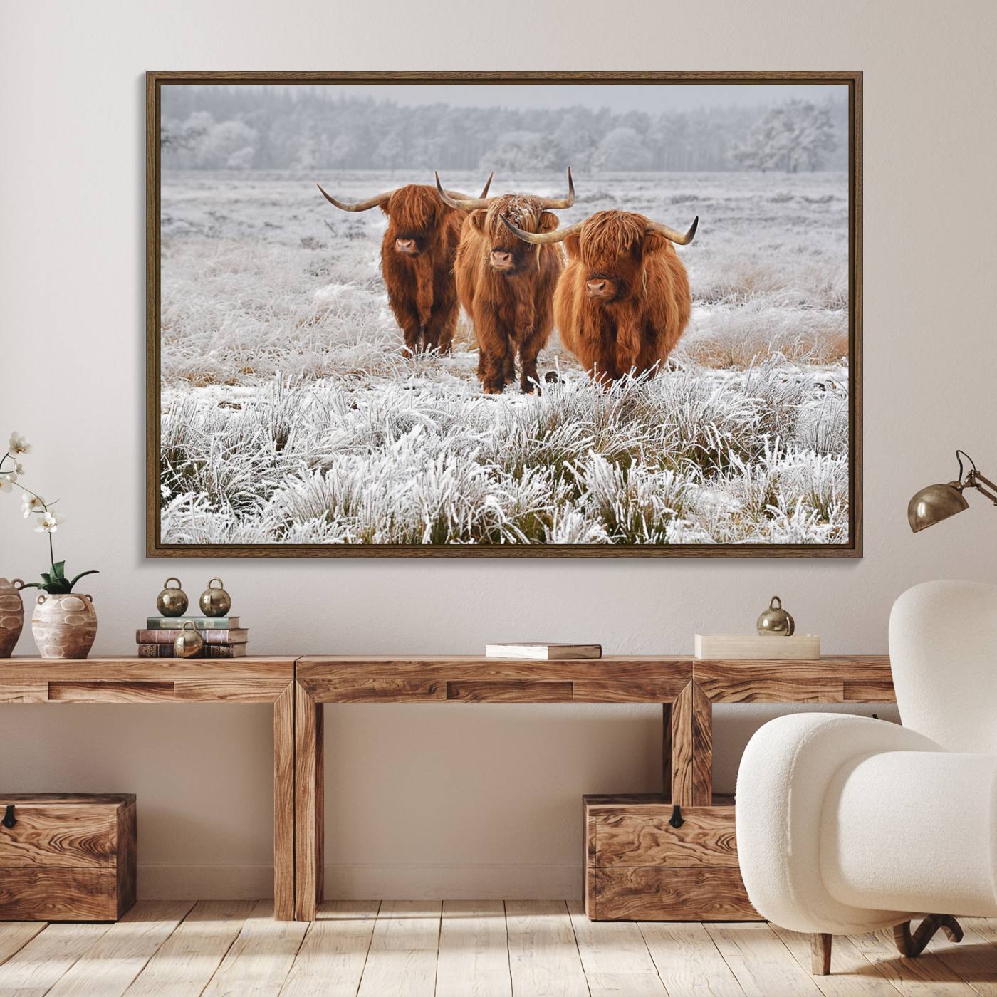 10396-MGV-FC-36X24_Walnut-Highland Cows in Snow Canvas Art Print, Highland Cattle Picture Art Farmhouse Art