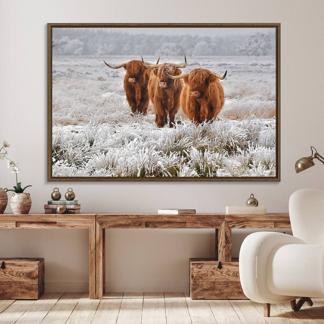 Highland Cows in Snow Canvas Art Print | Farmhouse Cattle Wall Art