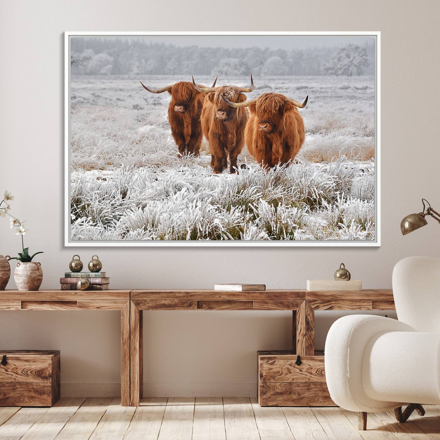 10396-MGV-FC-36X24_White-Highland Cows in Snow Canvas Art Print, Highland Cattle Picture Art Farmhouse Art