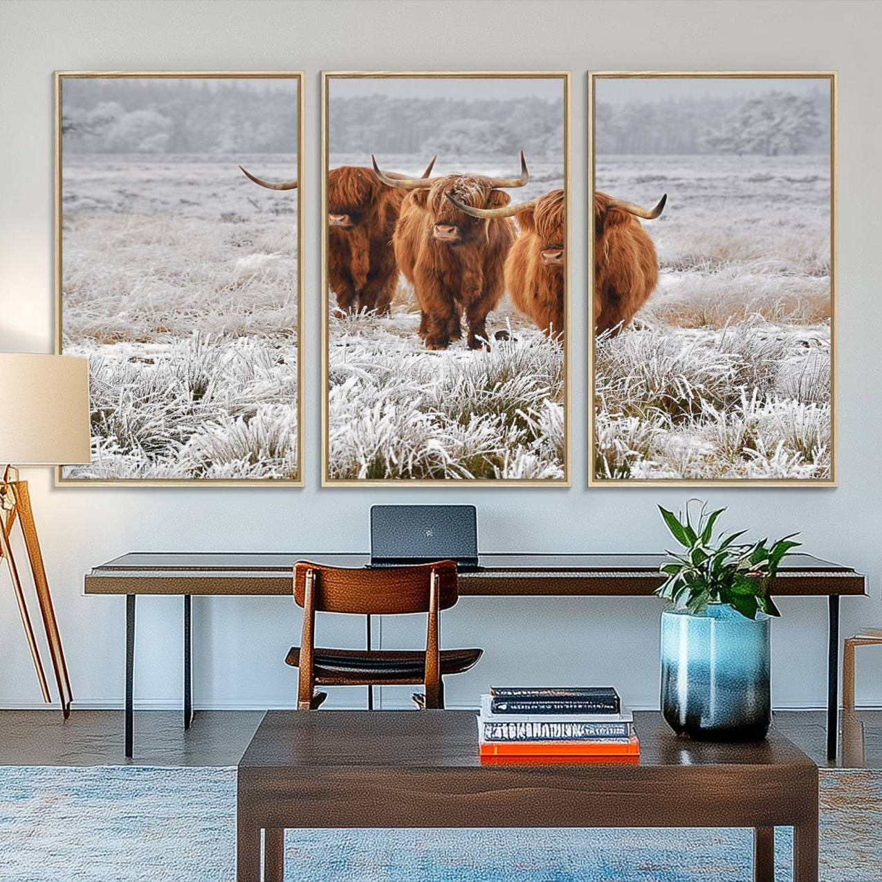 10396-MGV-FC-48X32-3P_Natural-Highland Cows in Snow Canvas Art Print, Highland Cattle Picture Art Farmhouse Art