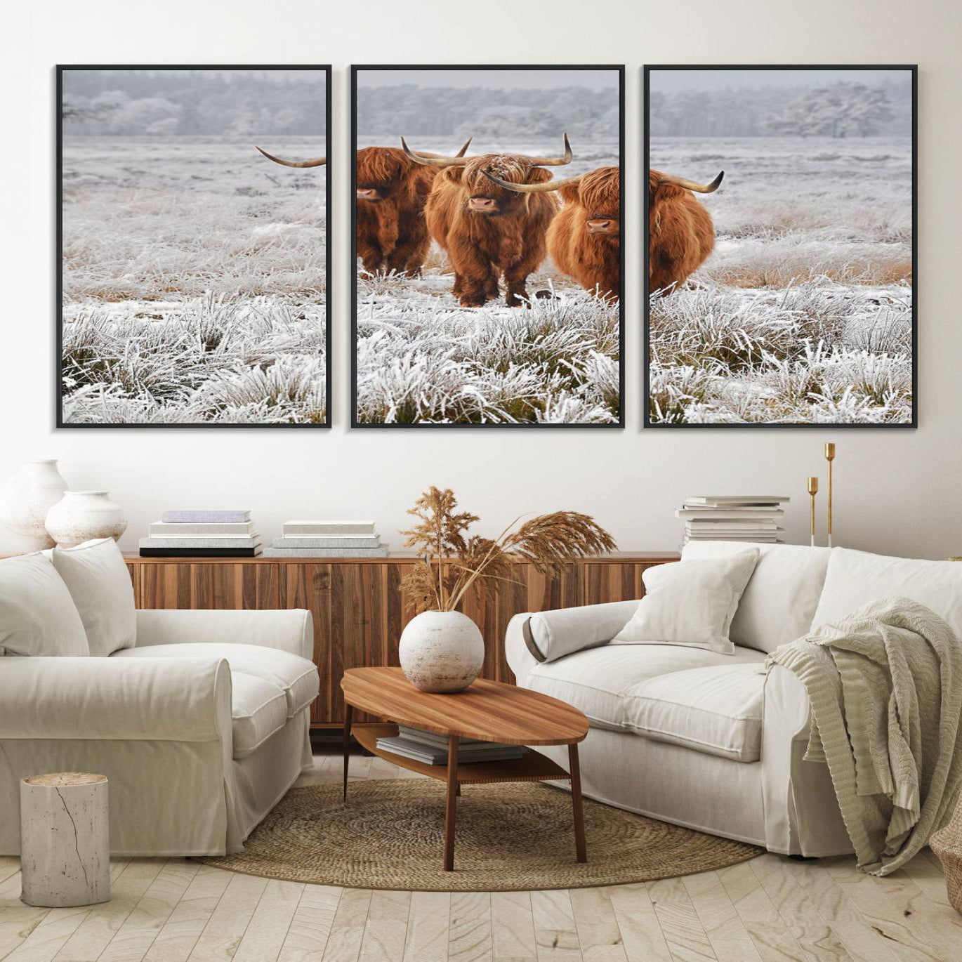 10396-MGV-FC-60X30-3P_Black-Highland Cows in Snow Canvas Art Print, Highland Cattle Picture Art Farmhouse Art