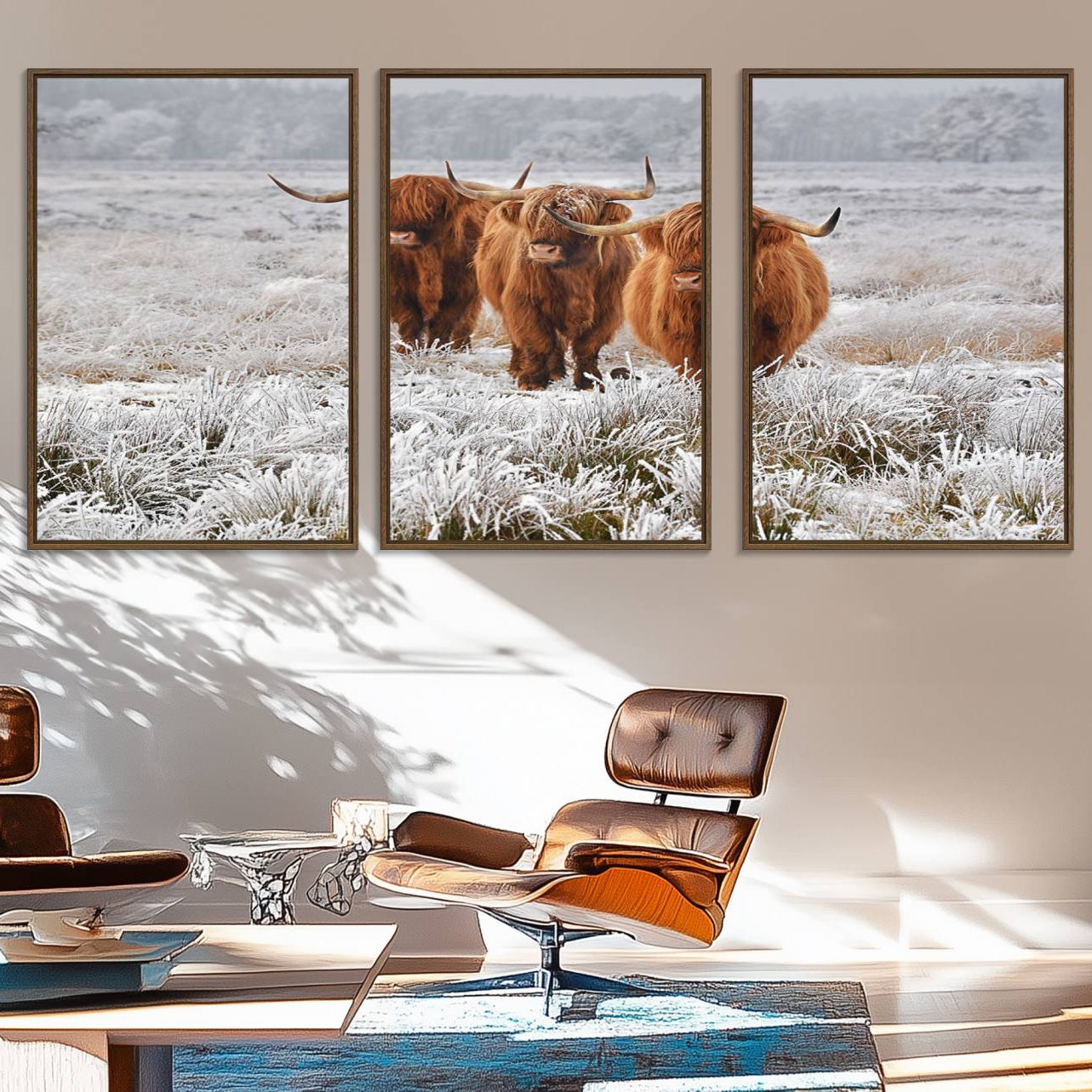 10396-MGV-FC-60X30-3P_Walnut-Highland Cows in Snow Canvas Art Print, Highland Cattle Picture Art Farmhouse Art