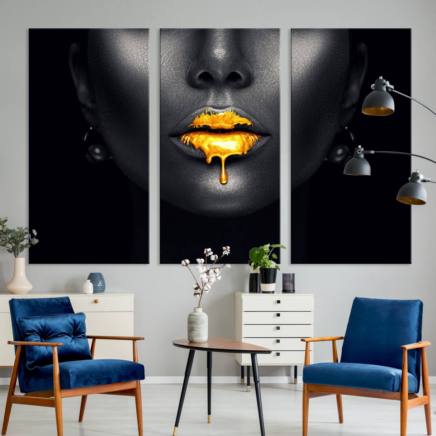 -Honey Gold Lips and Black Woman Photograph Canvas, Black Woman with Gold Lips Canvas Print