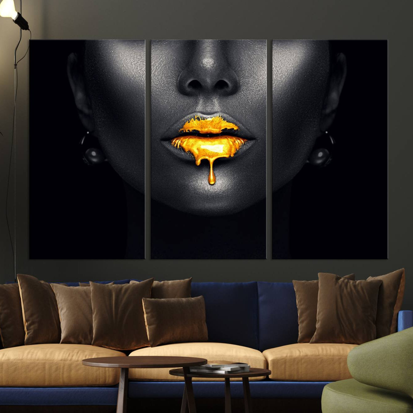 66374-MGV-CV-36X24-Honey Gold Lips and Black Woman Photograph Canvas, Black Woman with Gold Lips Canvas Print