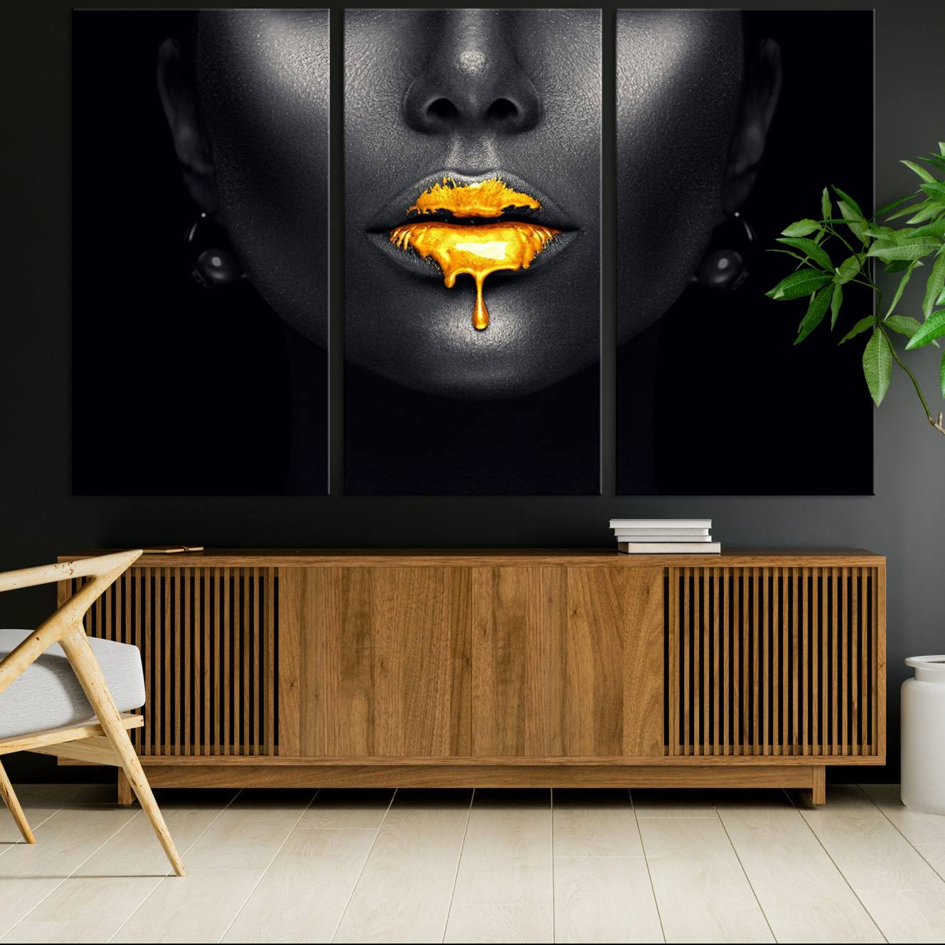 -Honey Gold Lips and Black Woman Photograph Canvas, Black Woman with Gold Lips Canvas Print