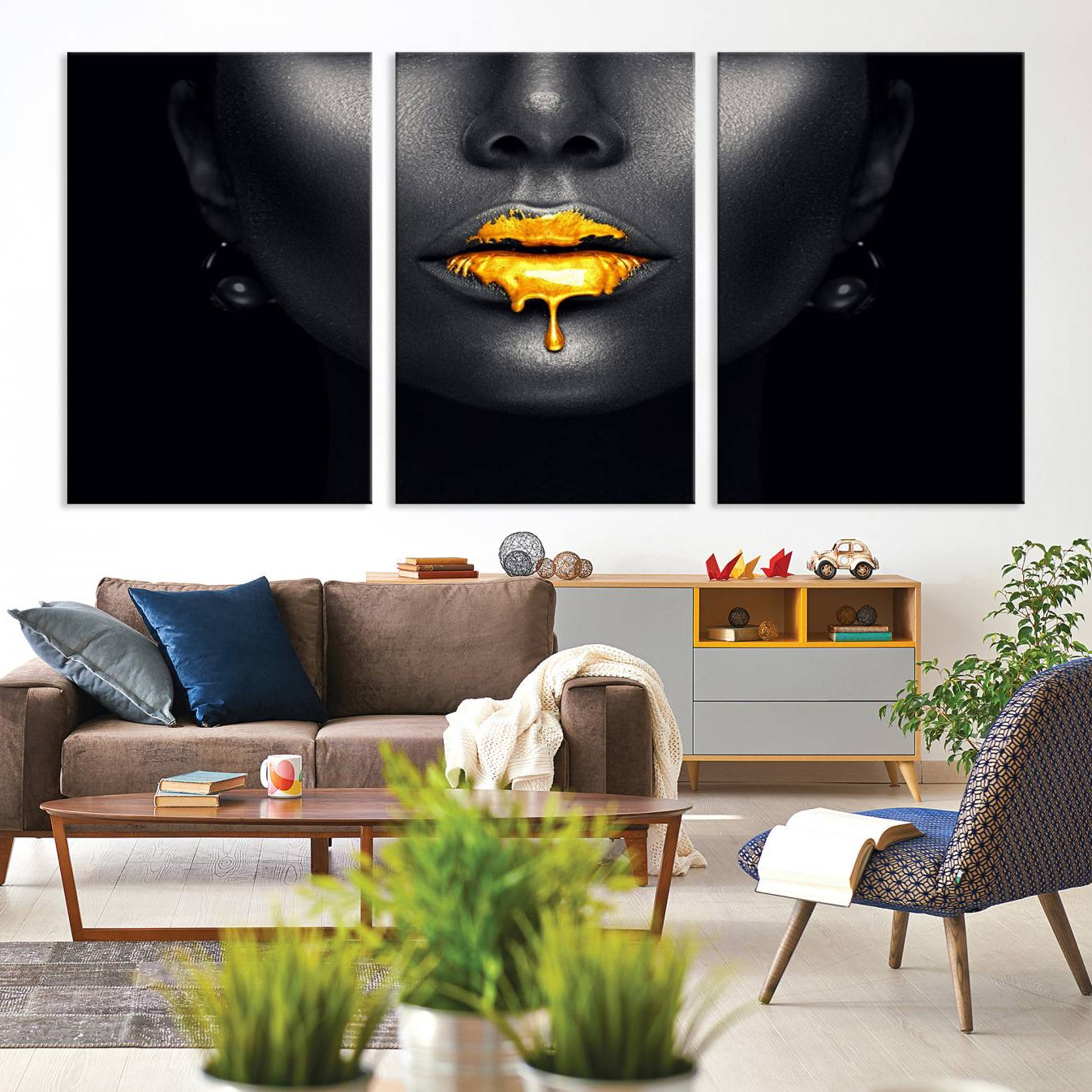 -Honey Gold Lips and Black Woman Photograph Canvas, Black Woman with Gold Lips Canvas Print