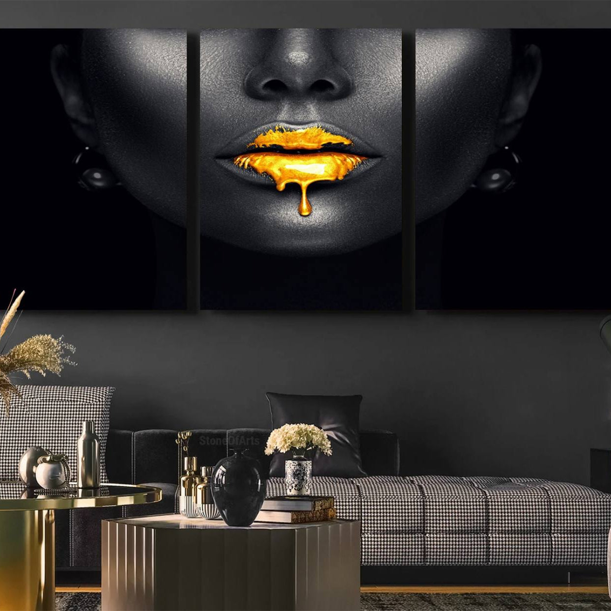 -Honey Gold Lips and Black Woman Photograph Canvas, Black Woman with Gold Lips Canvas Print