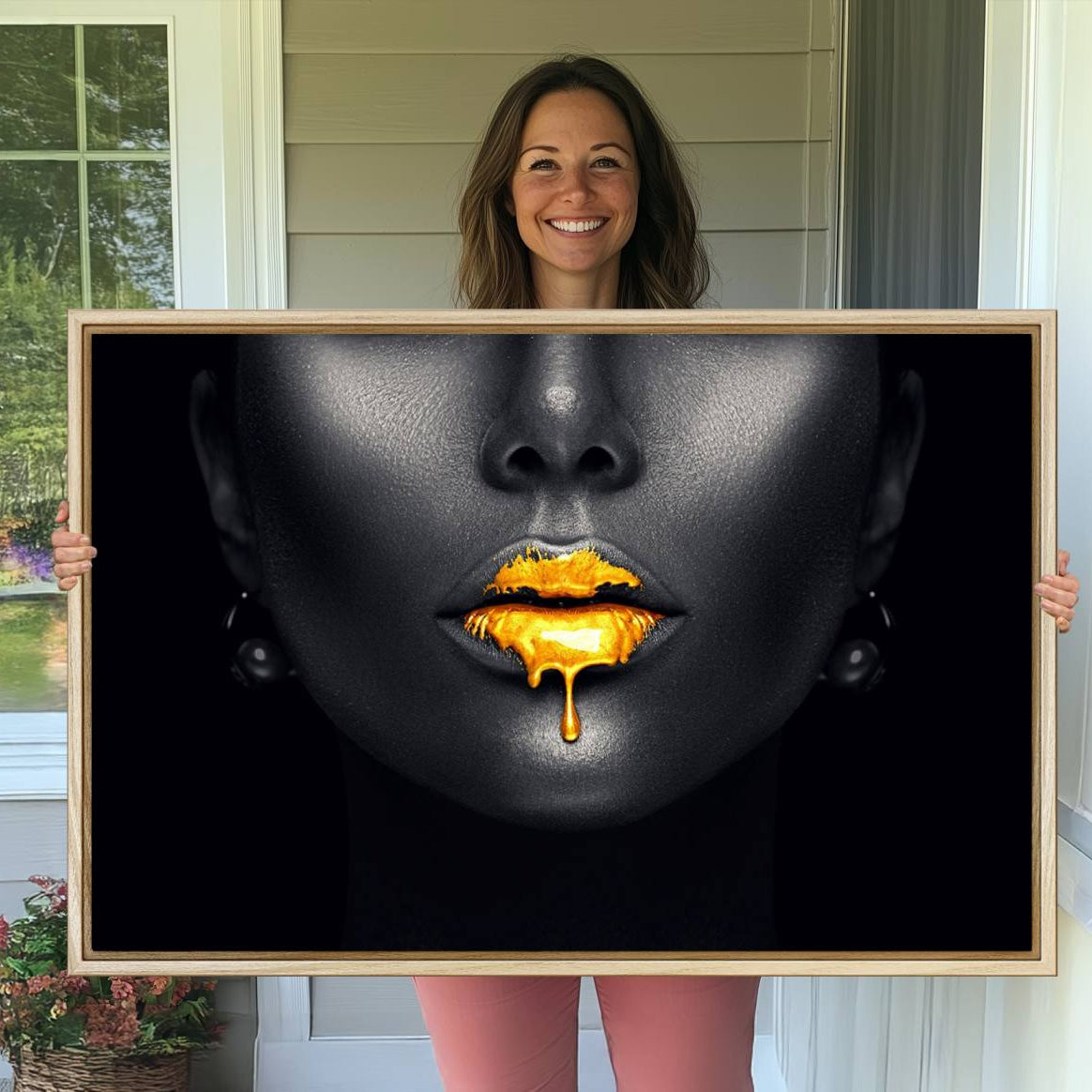 -Honey Gold Lips and Black Woman Photograph Canvas, Black Woman with Gold Lips Canvas Print