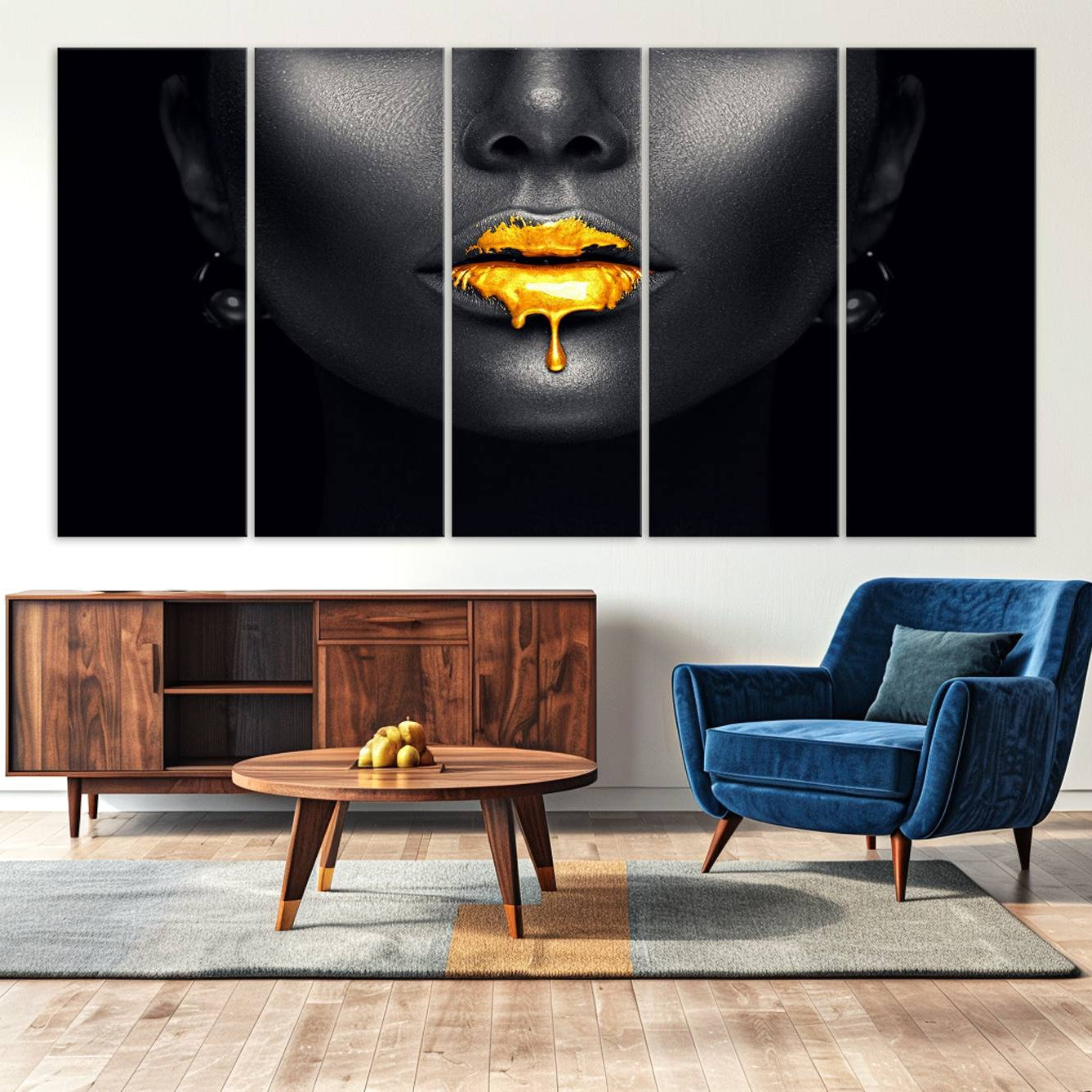 -Honey Gold Lips and Black Woman Photograph Canvas, Black Woman with Gold Lips Canvas Print