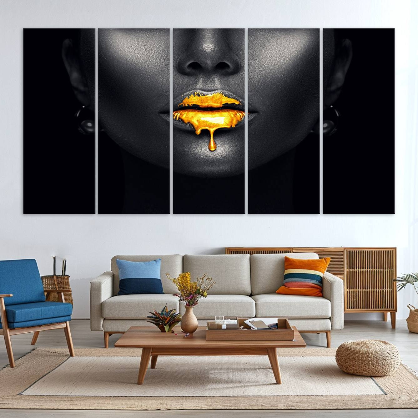 -Honey Gold Lips and Black Woman Photograph Canvas, Black Woman with Gold Lips Canvas Print