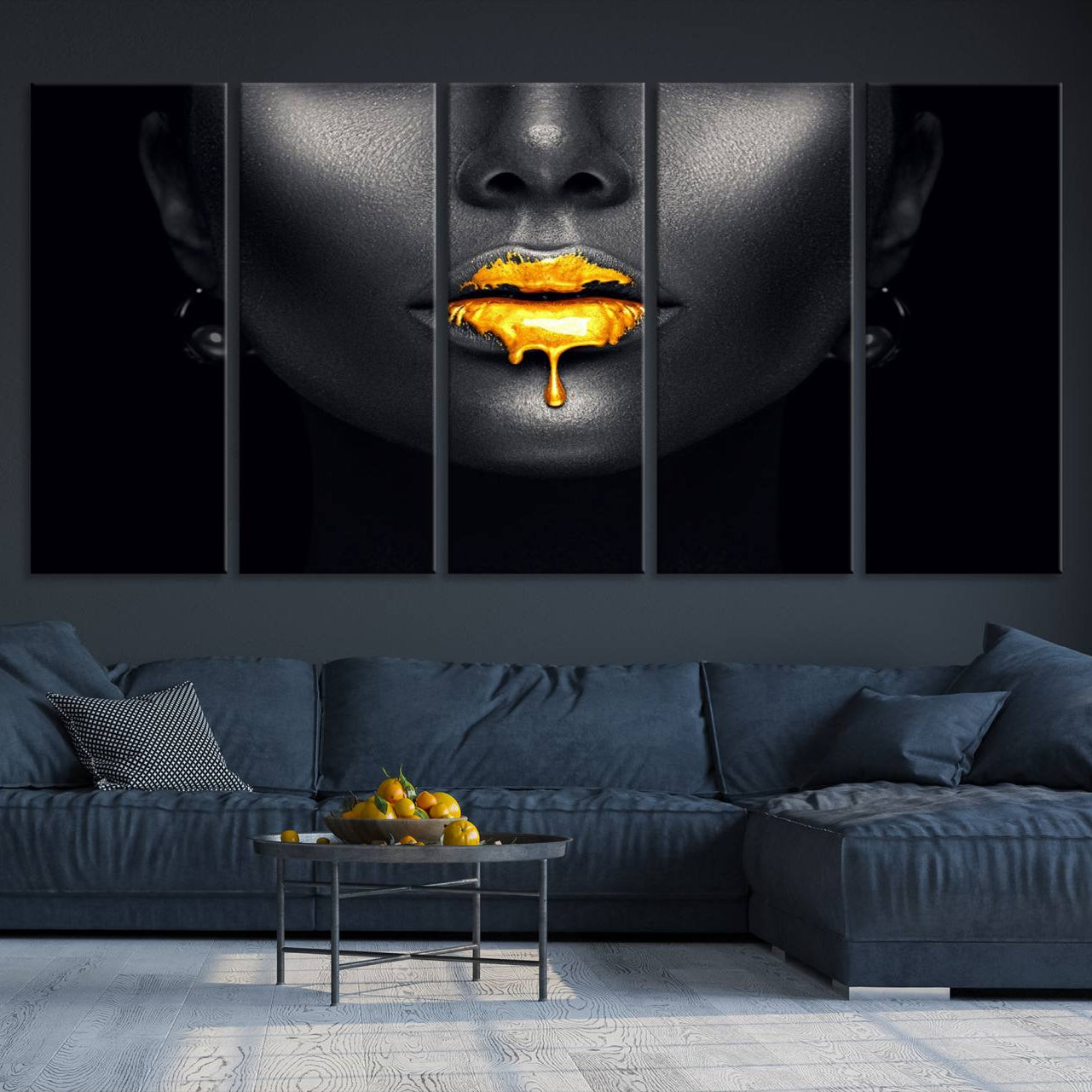-Honey Gold Lips and Black Woman Photograph Canvas, Black Woman with Gold Lips Canvas Print