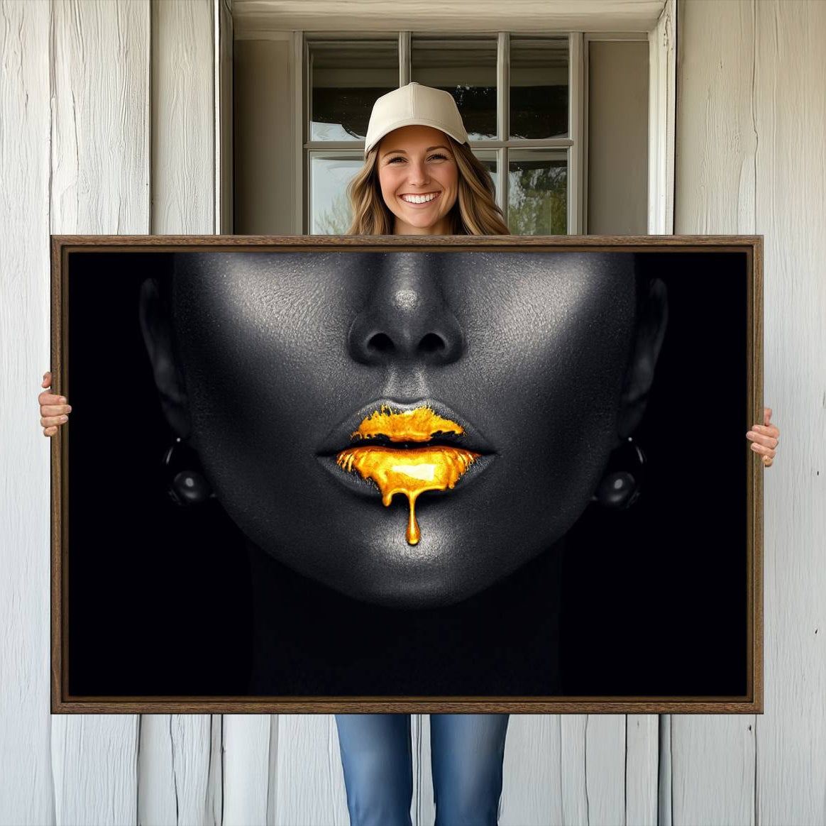 -Honey Gold Lips and Black Woman Photograph Canvas, Black Woman with Gold Lips Canvas Print