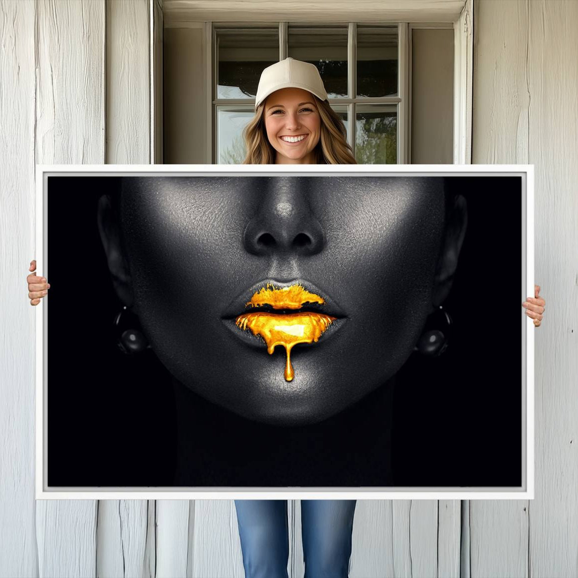 -Honey Gold Lips and Black Woman Photograph Canvas, Black Woman with Gold Lips Canvas Print