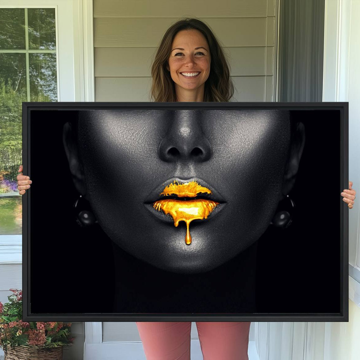 -Honey Gold Lips and Black Woman Photograph Canvas, Black Woman with Gold Lips Canvas Print