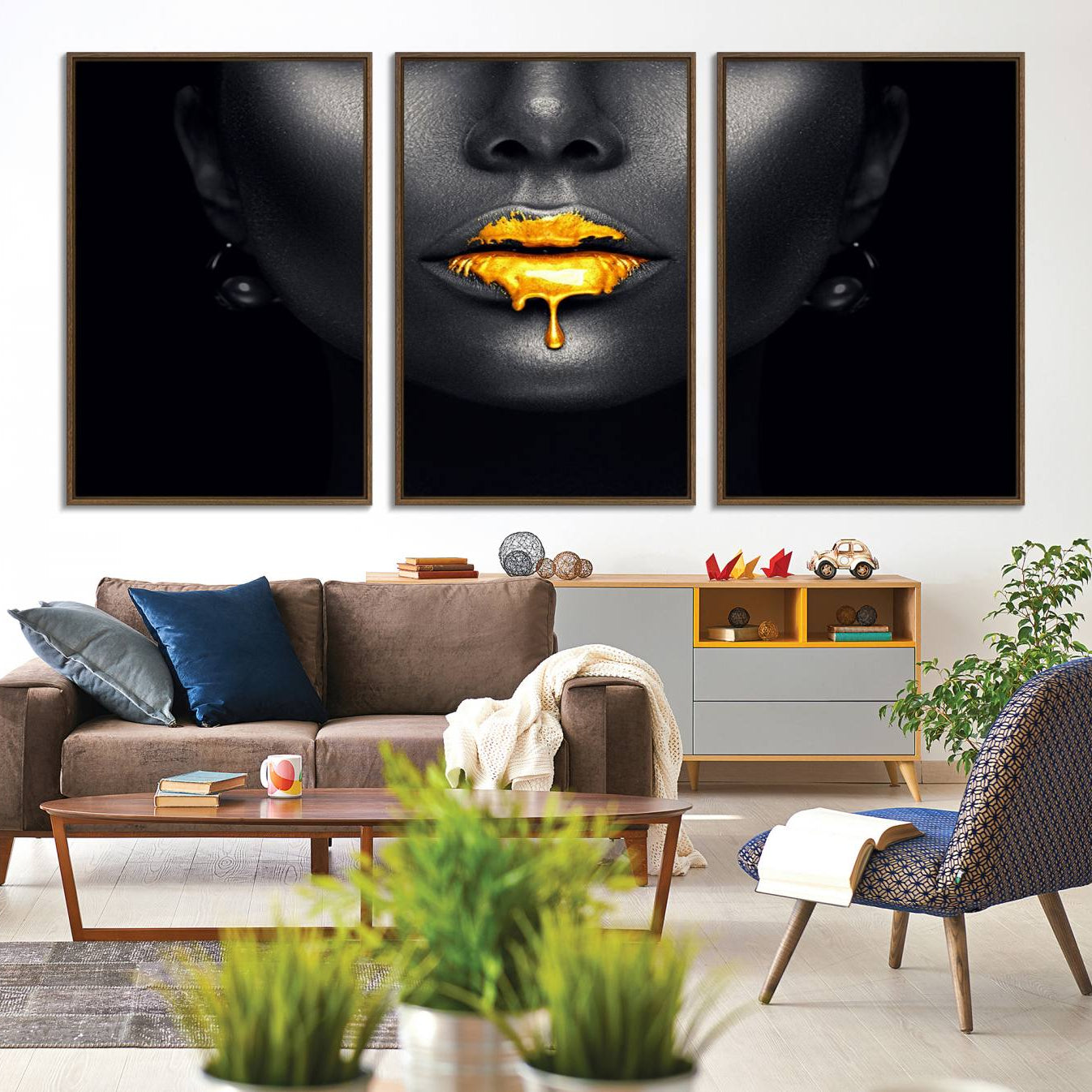 -Honey Gold Lips and Black Woman Photograph Canvas, Black Woman with Gold Lips Canvas Print