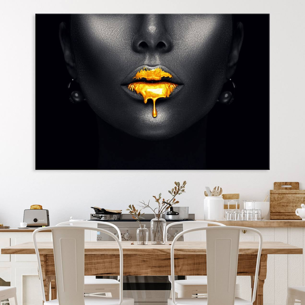 66374-MGV-CV-36X24-Honey Gold Lips and Black Woman Photograph Canvas, Black Woman with Gold Lips Canvas Print