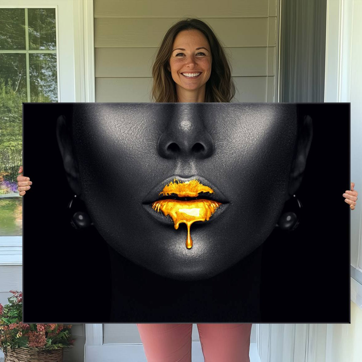 66374-MGV-CV-36X24-Honey Gold Lips and Black Woman Photograph Canvas, Black Woman with Gold Lips Canvas Print