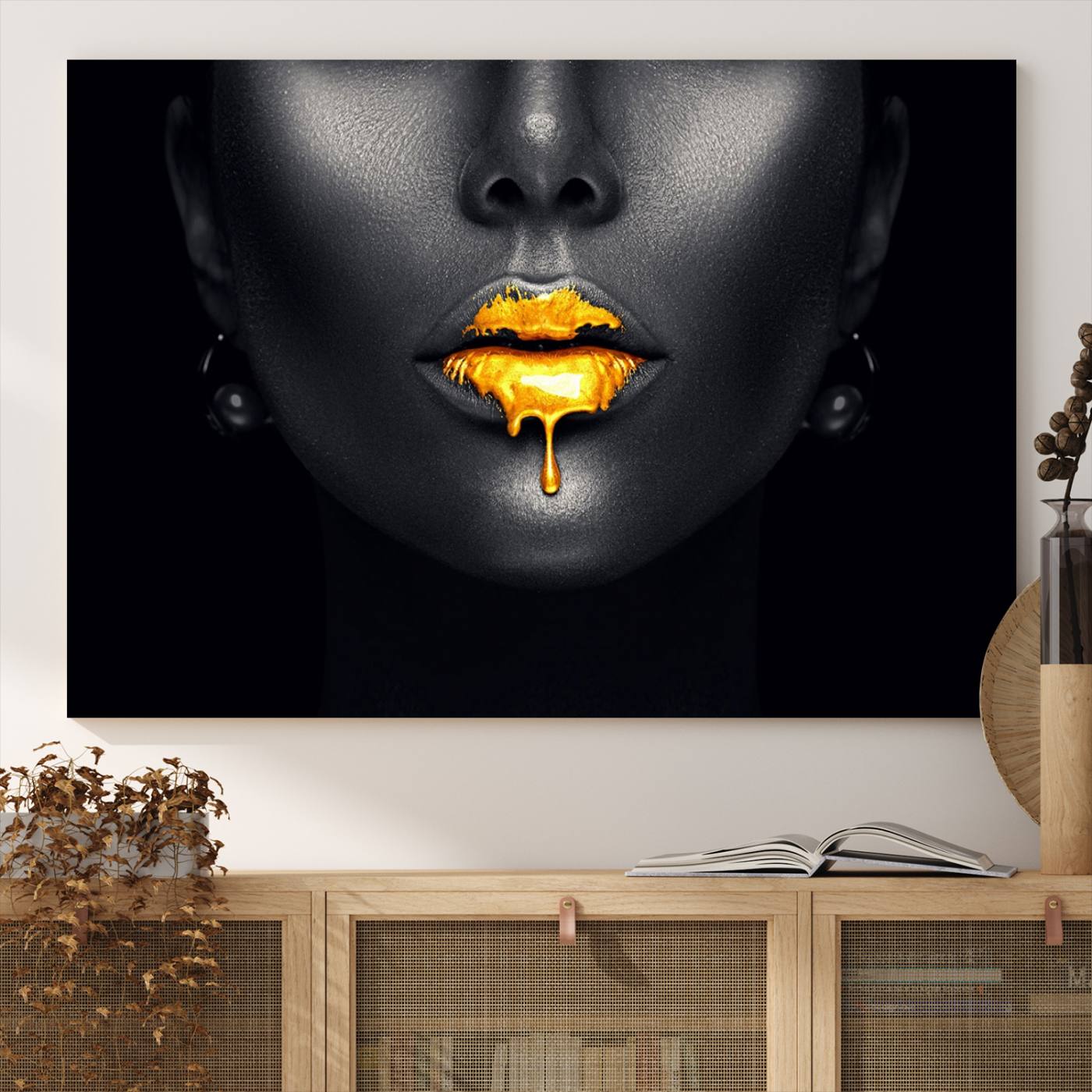66374-MGV-CV-36X24-Honey Gold Lips and Black Woman Photograph Canvas, Black Woman with Gold Lips Canvas Print
