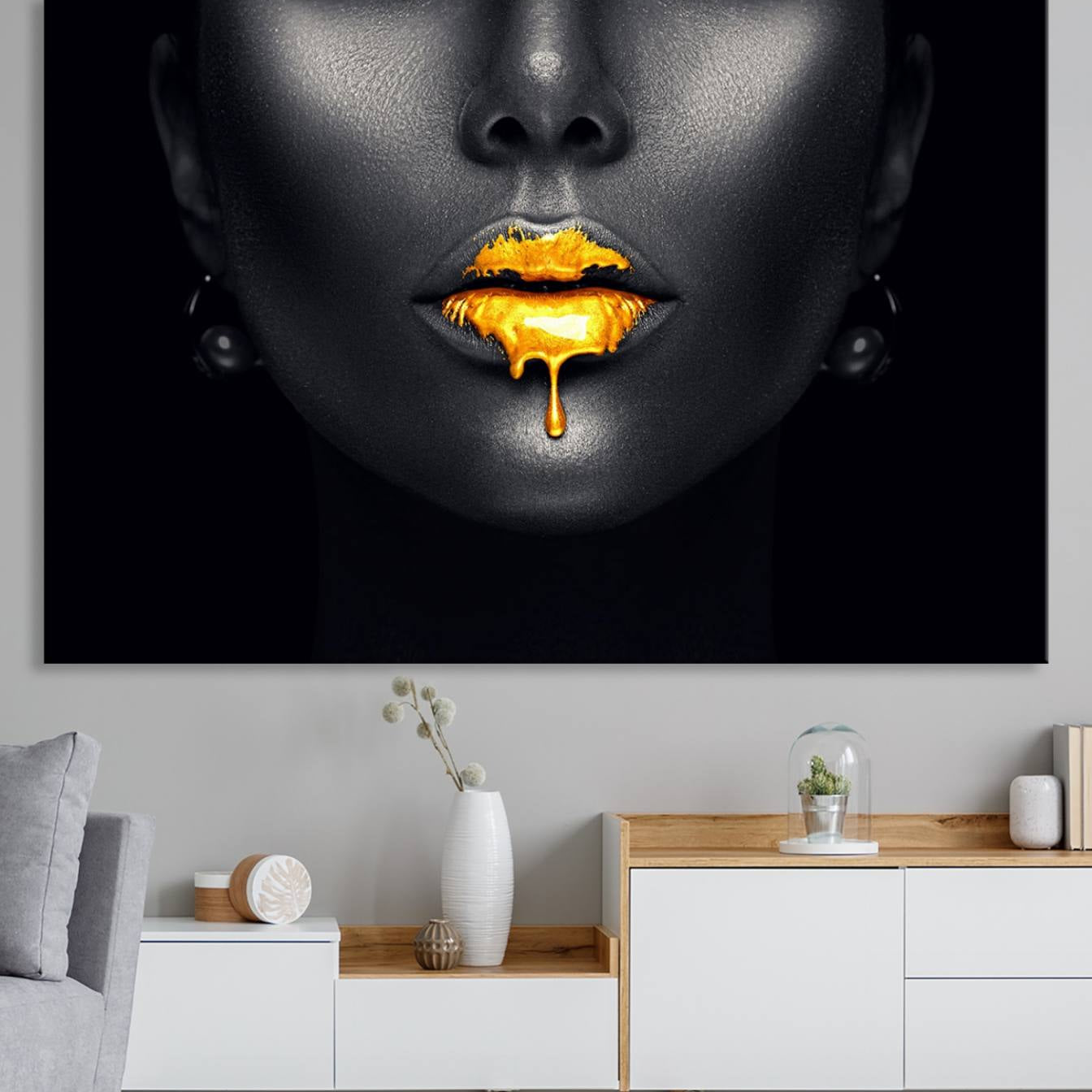 66374-MGV-CV-36X24-Honey Gold Lips and Black Woman Photograph Canvas, Black Woman with Gold Lips Canvas Print