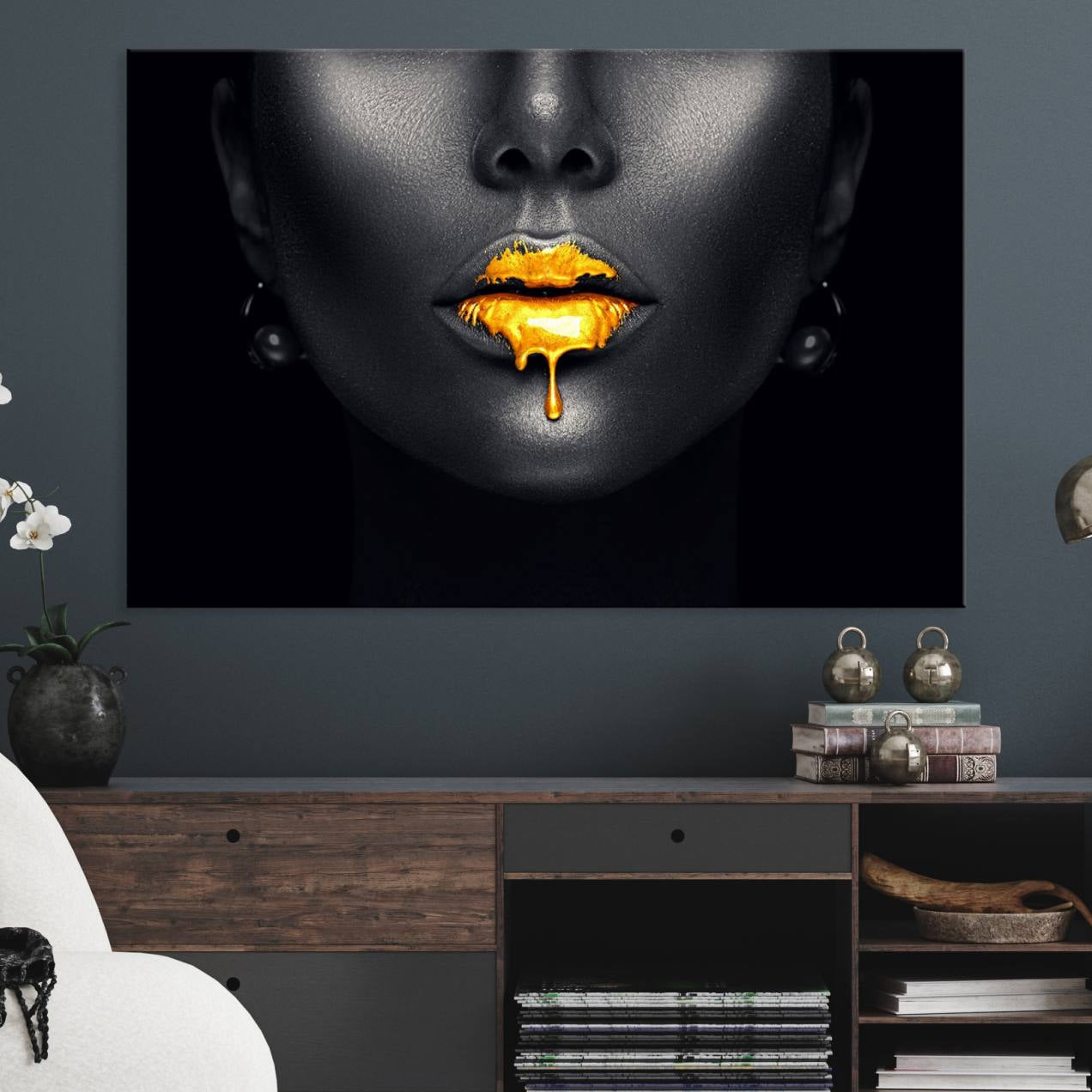 66374-MGV-CV-36X24-Honey Gold Lips and Black Woman Photograph Canvas, Black Woman with Gold Lips Canvas Print