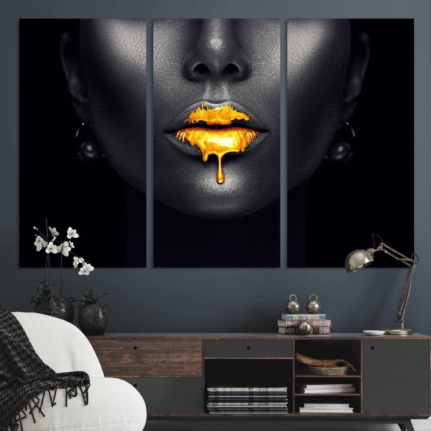 66374-MGV-CV-48X32-3P-Honey Gold Lips and Black Woman Photograph Canvas, Black Woman with Gold Lips Canvas Print