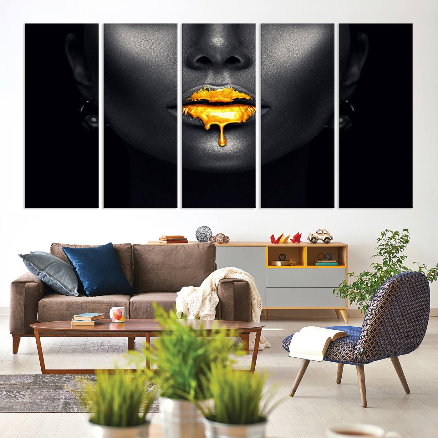 66374-MGV-CV-60X31-5P-Honey Gold Lips and Black Woman Photograph Canvas, Black Woman with Gold Lips Canvas Print