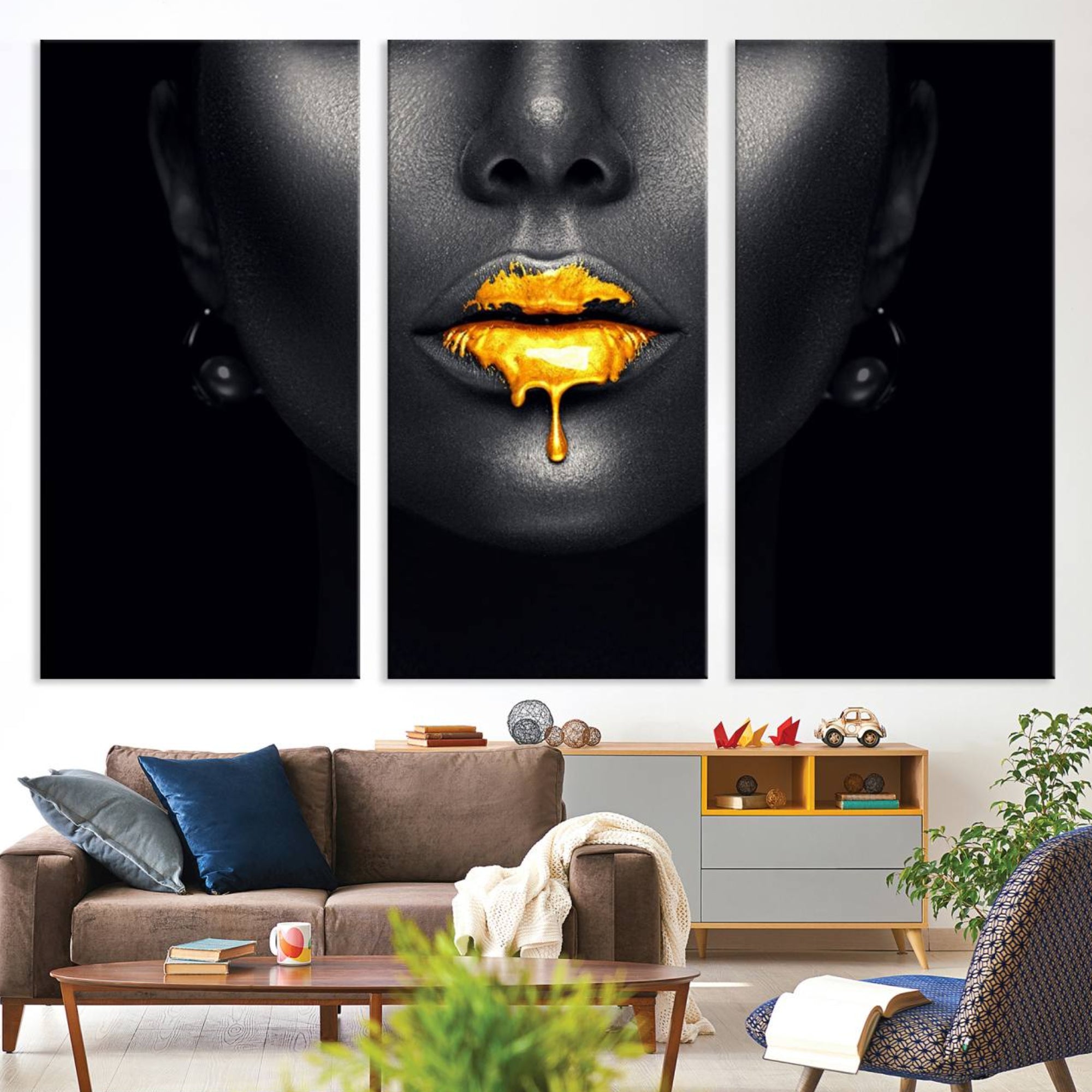 66374-MGV-CV-36X24-Honey Gold Lips and Black Woman Photograph Canvas, Black Woman with Gold Lips Canvas Print