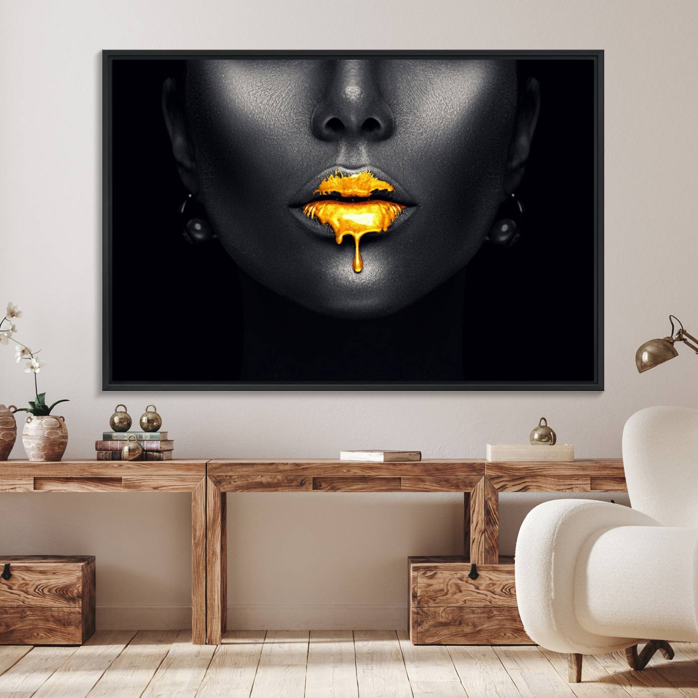 66374-MGV-FC-36X24_Black-Honey Gold Lips and Black Woman Photograph Canvas, Black Woman with Gold Lips Canvas Print