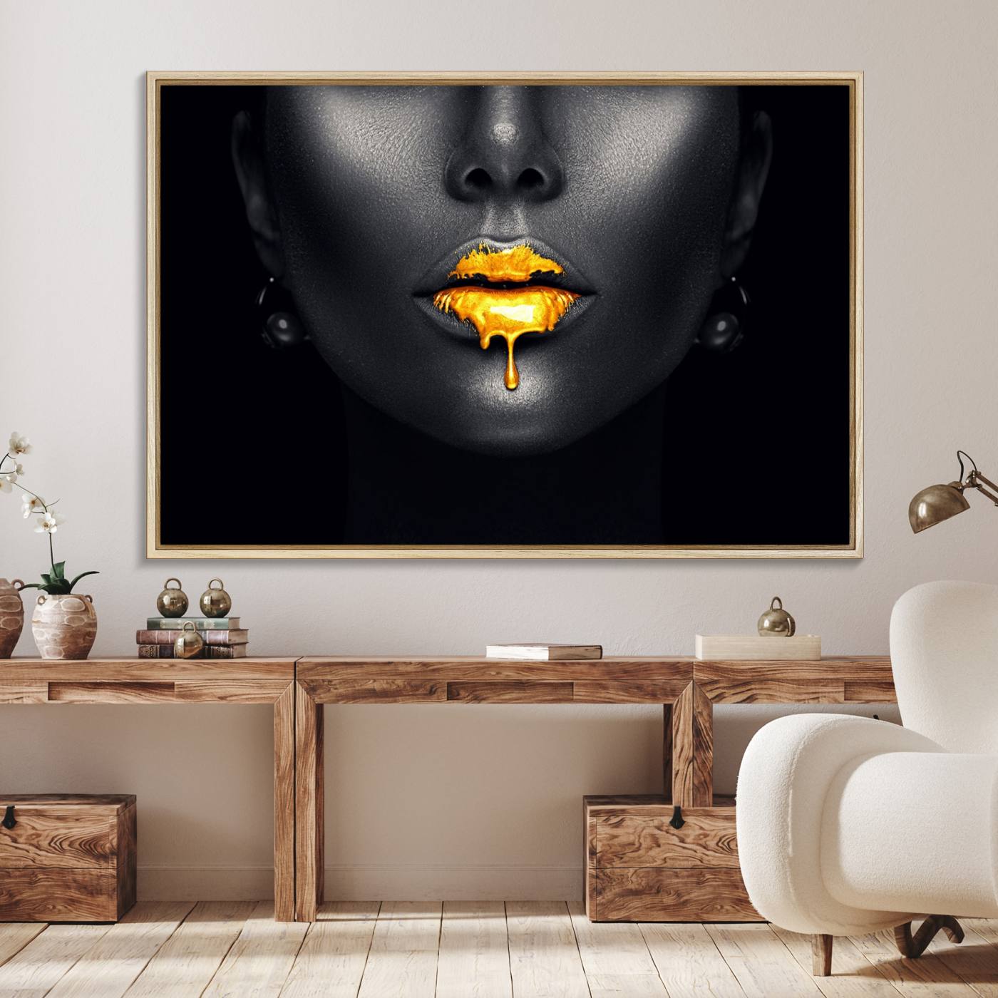 66374-MGV-FC-36X24_Natural-Honey Gold Lips and Black Woman Photograph Canvas, Black Woman with Gold Lips Canvas Print