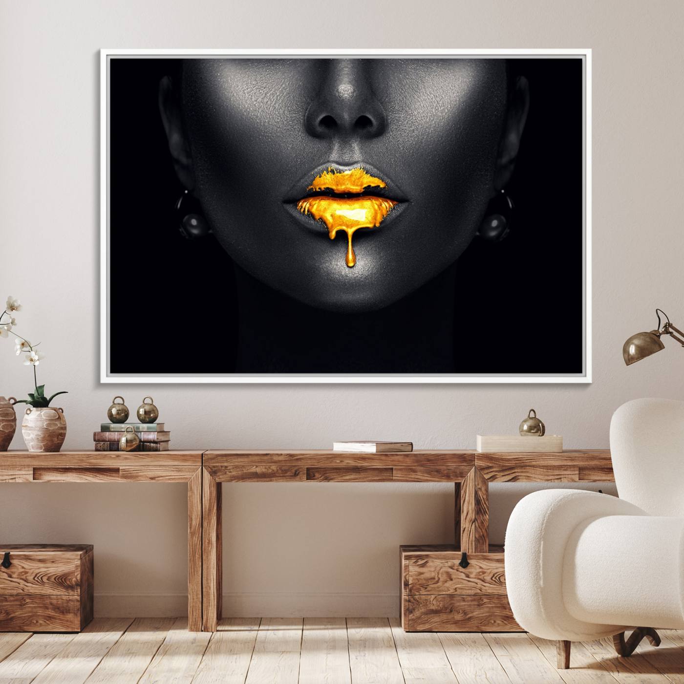66374-MGV-FC-36X24_White-Honey Gold Lips and Black Woman Photograph Canvas, Black Woman with Gold Lips Canvas Print